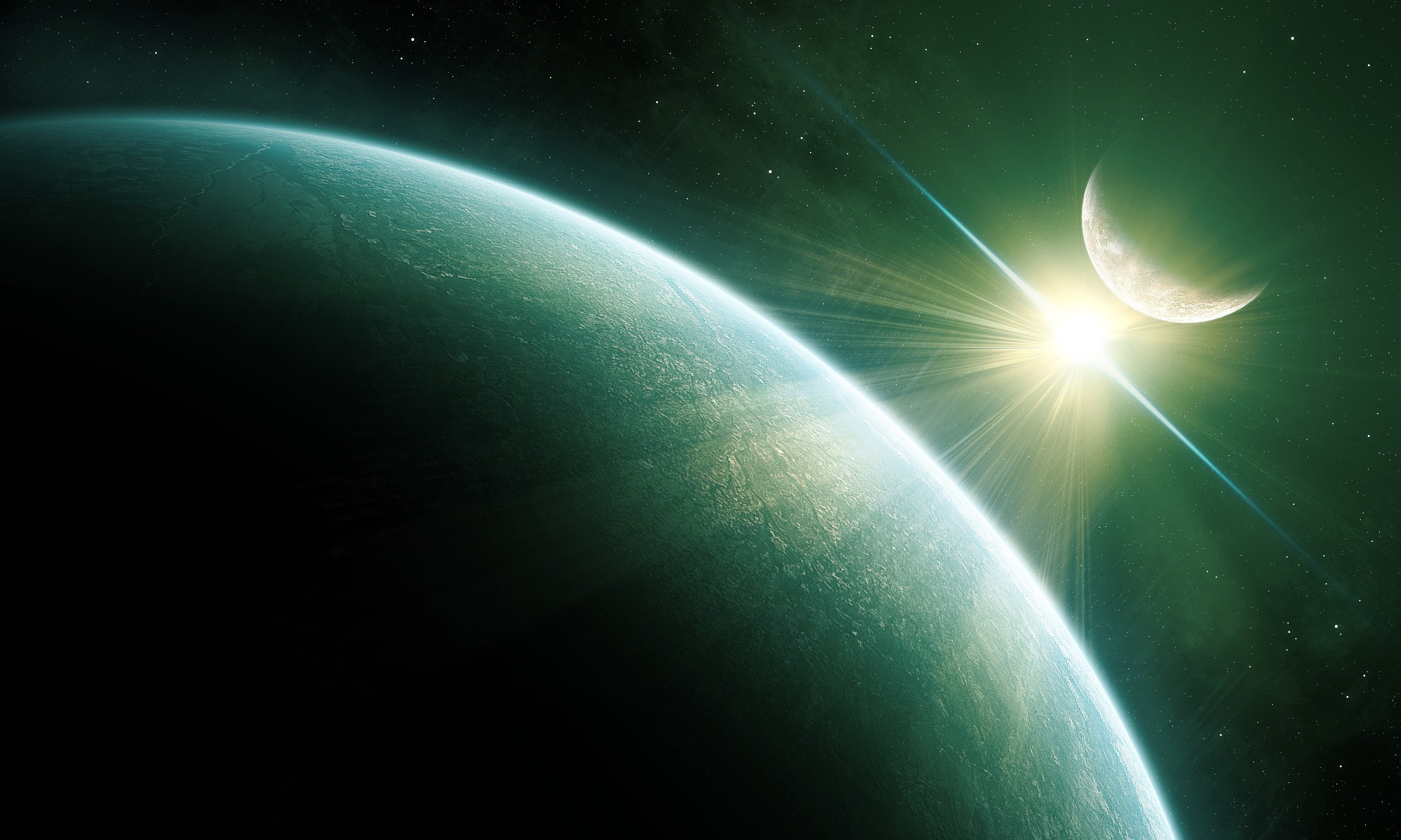 Planet and Moon with Sunburst in Space HD Wallpaper