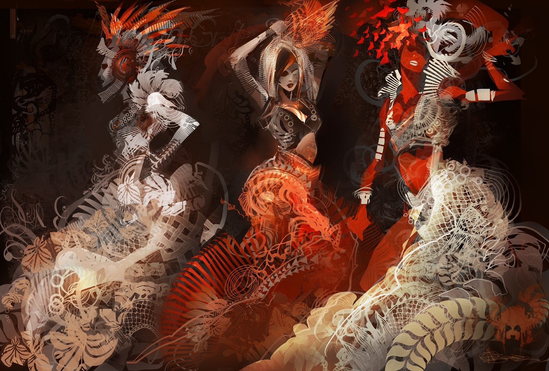 Three stylized female figures in elaborate costumes HD Wallpaper