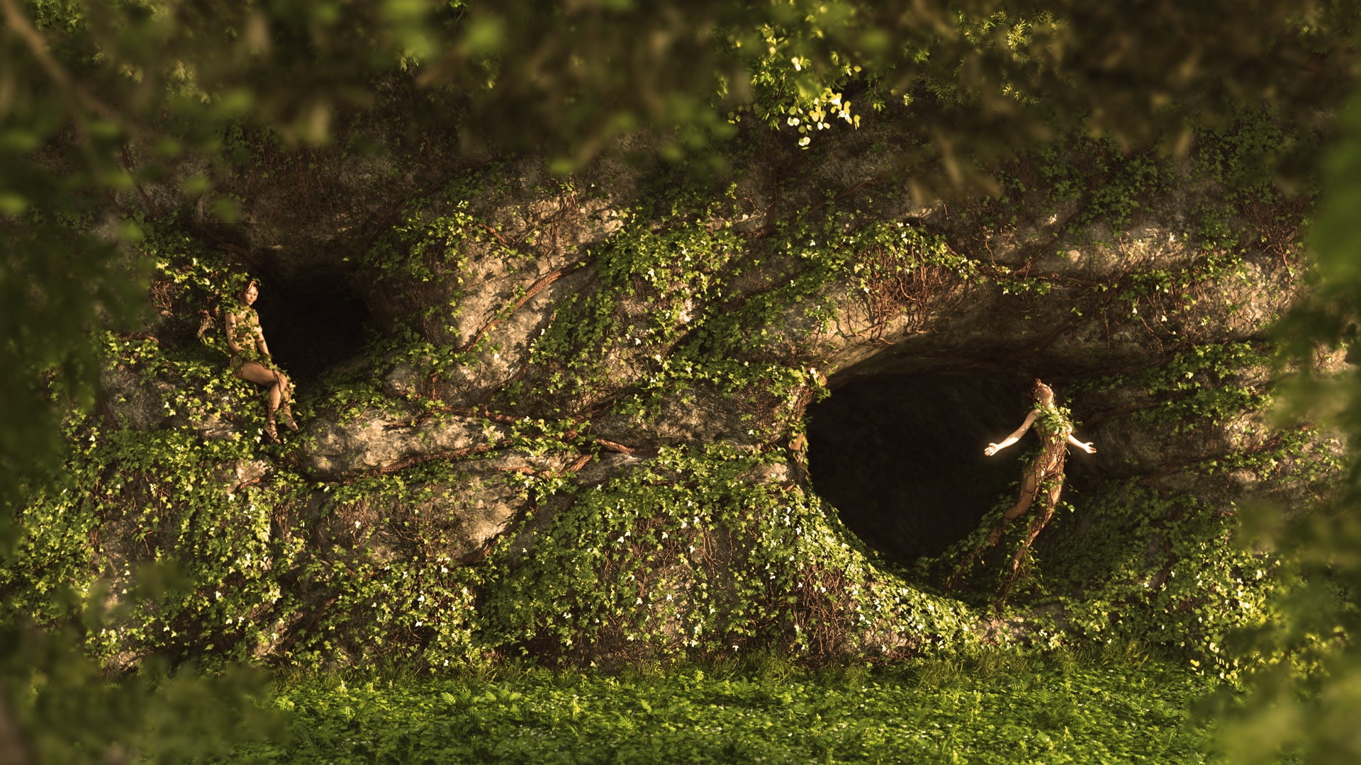 Two fairies in a moss-covered cave HD Wallpaper