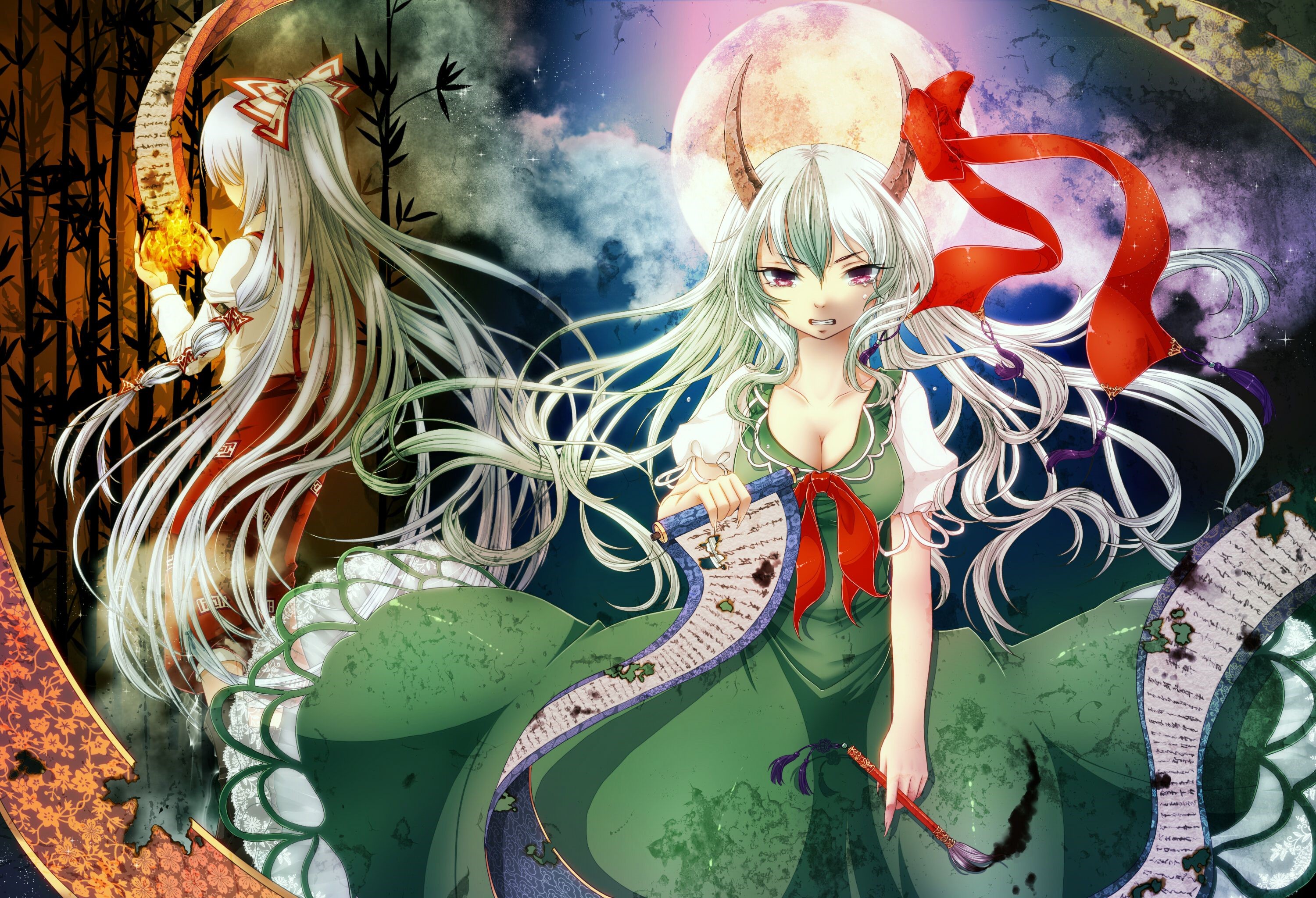 Two girls from Touhou Project with scrolls and fire HD Wallpaper