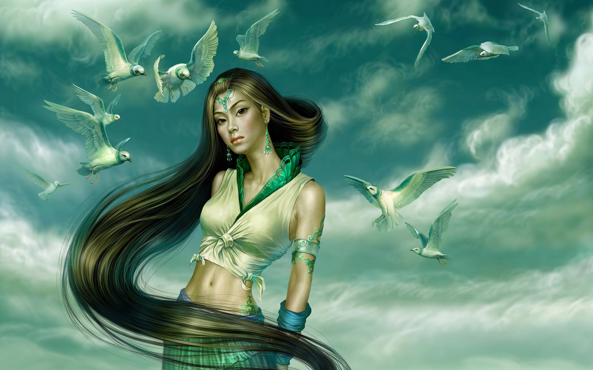 Woman with long hair and birds in the sky HD Wallpaper