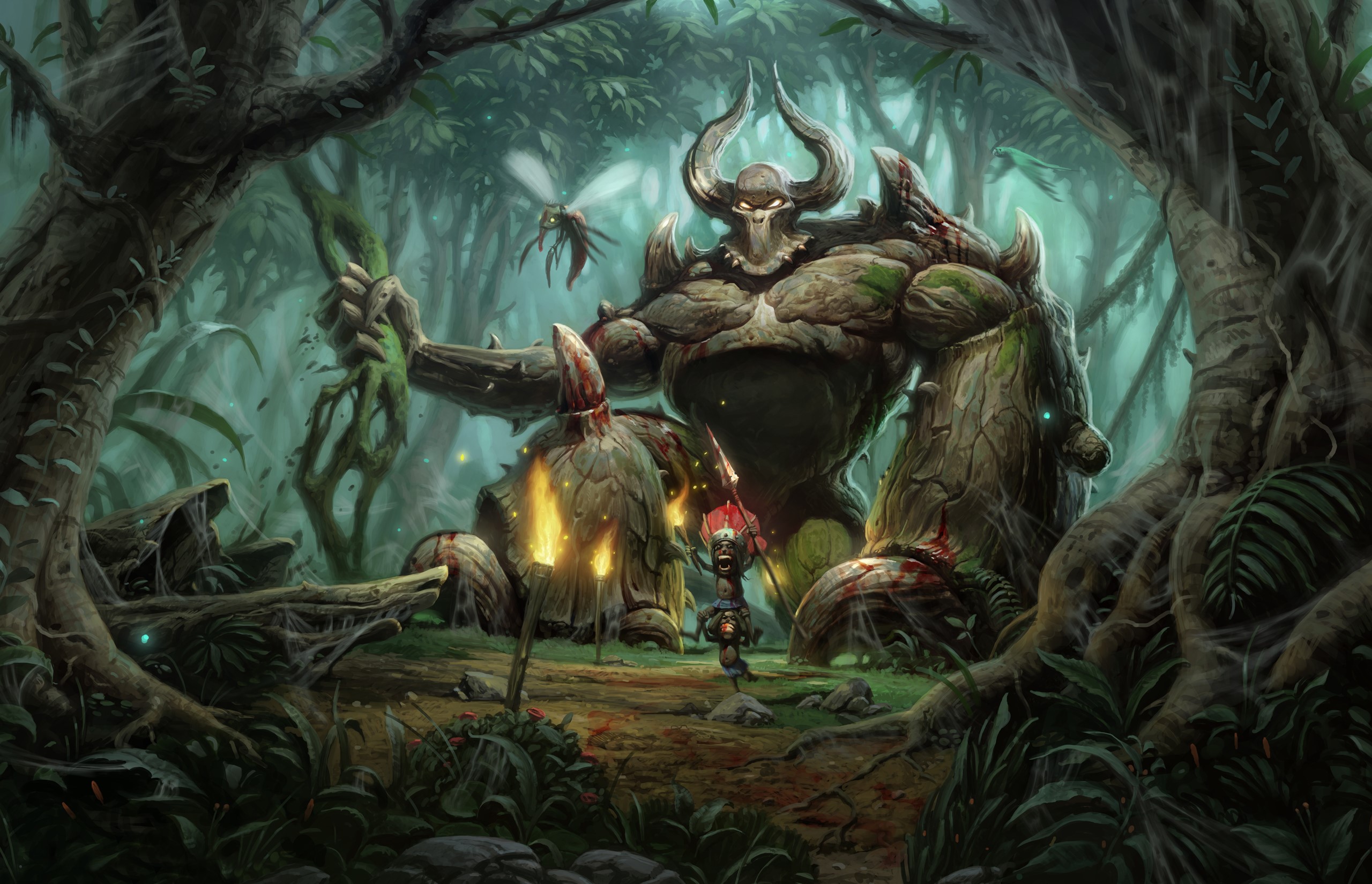 Diablo II: A giant tree monster and a small warrior in a forest HD Wallpaper