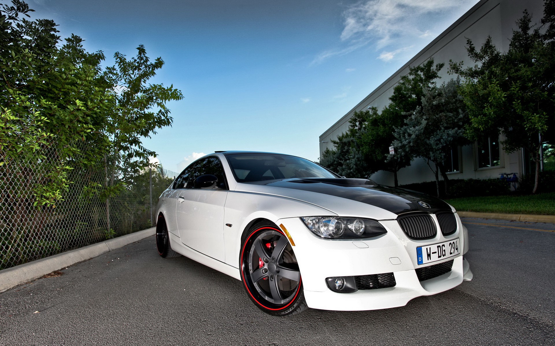 White BMW with black hood stripe HD Wallpaper