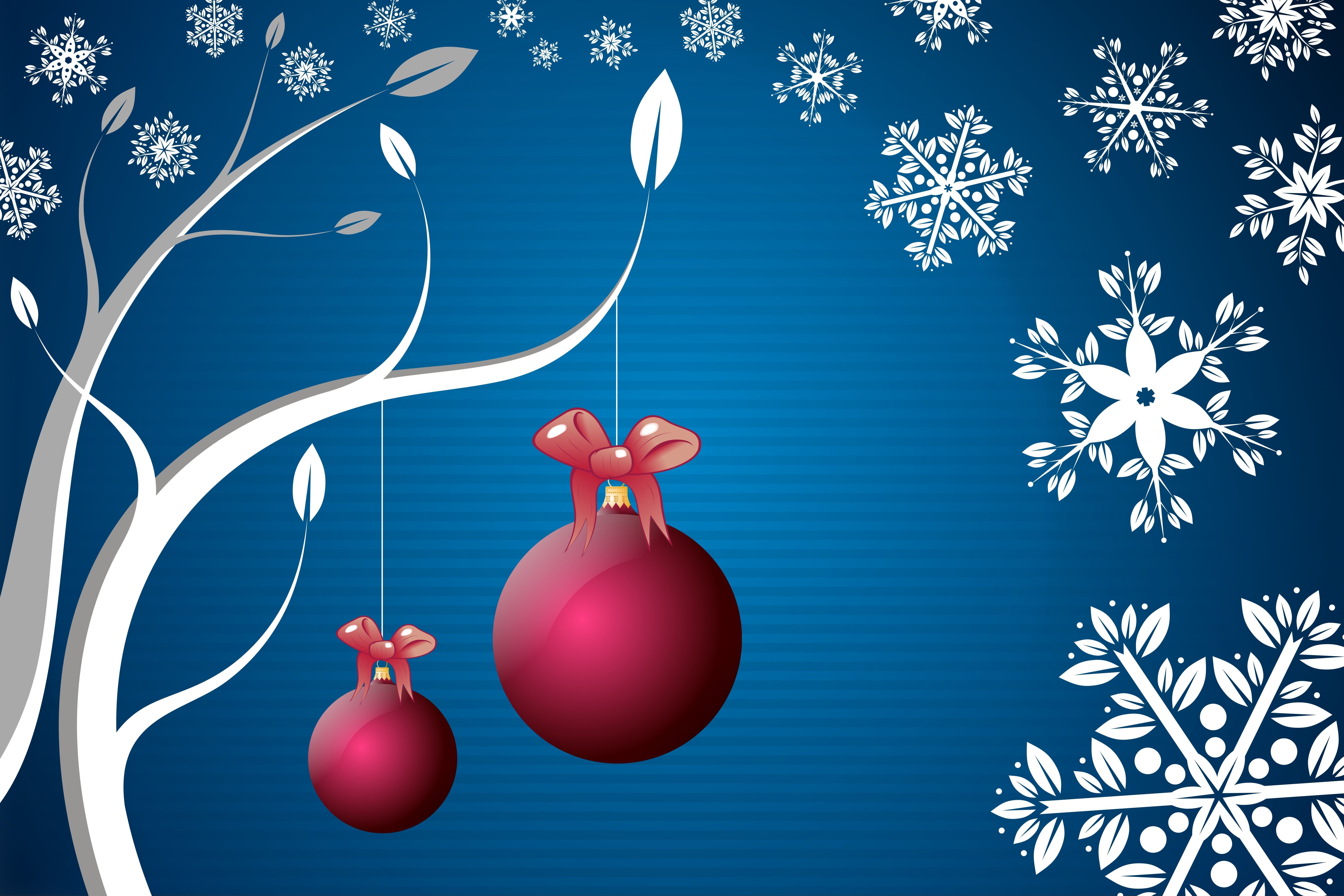 Christmas ornaments on a tree with snowflakes HD Wallpaper