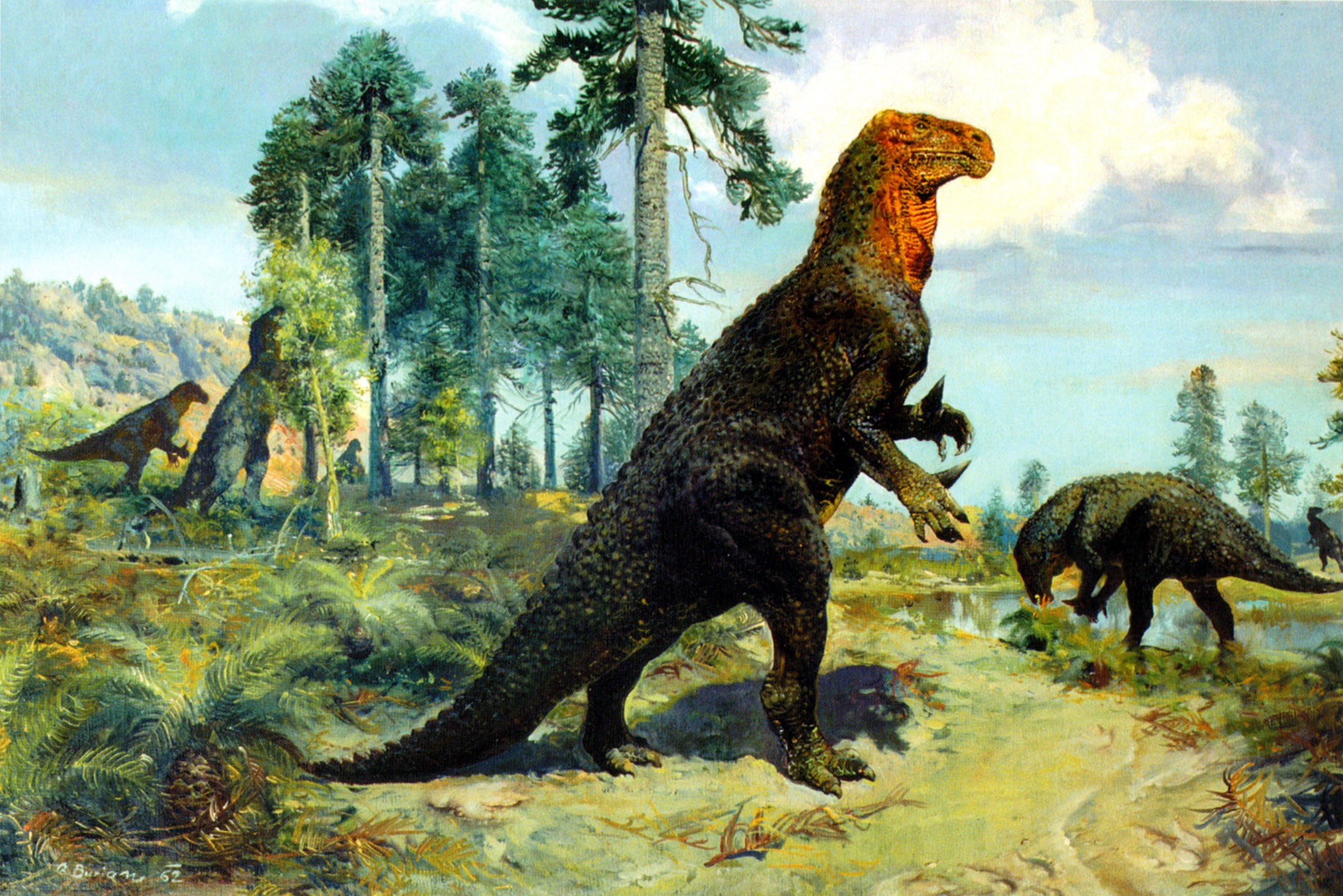 Dinosaurs in a prehistoric forest landscape HD Wallpaper