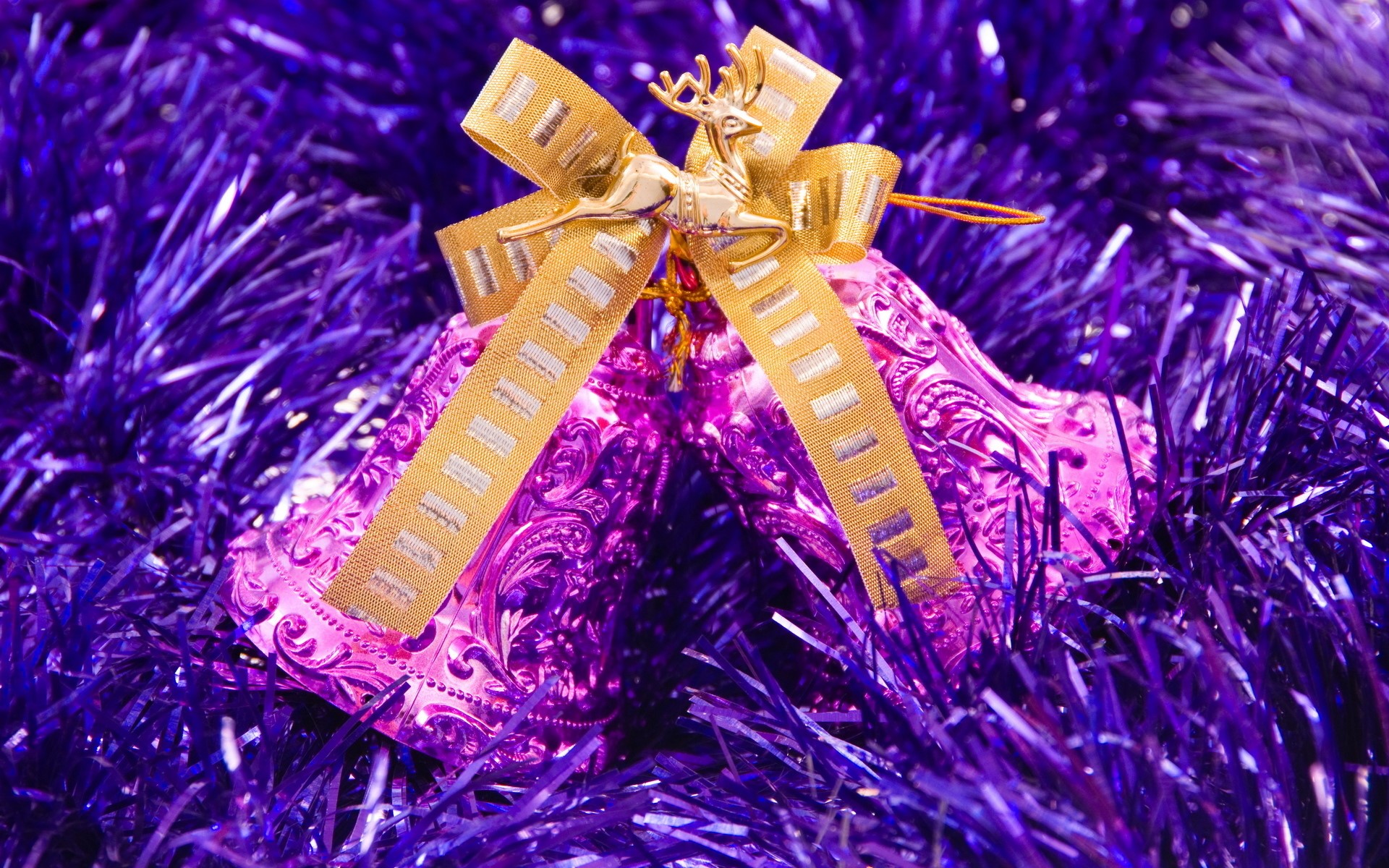 Christmas Bells with Reindeer Ornament and Tinsel HD Wallpaper