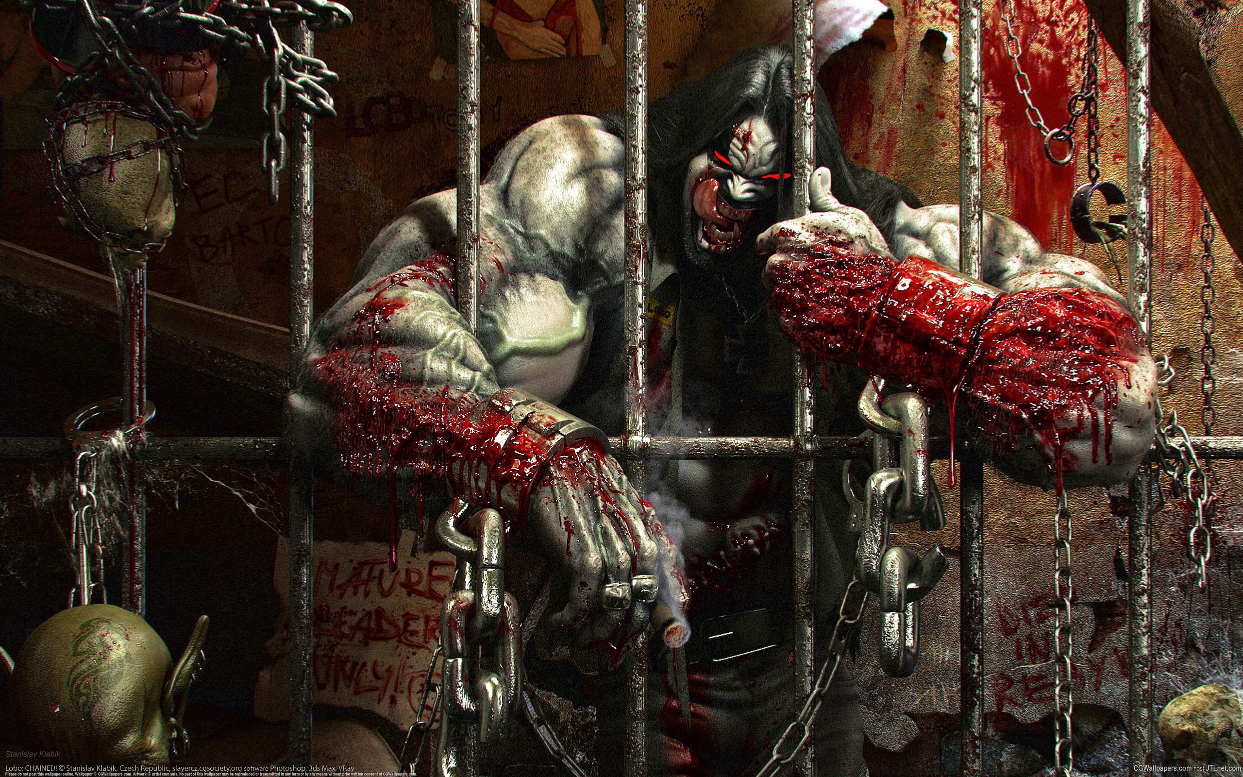 Lobo in a cage with bloody chains HD Wallpaper