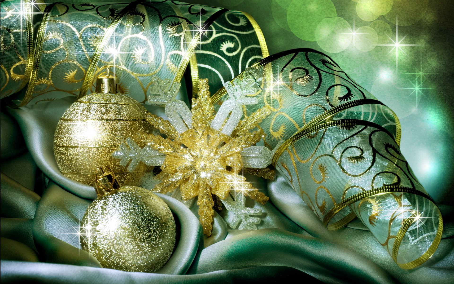 Christmas ornaments and ribbon on satin HD Wallpaper