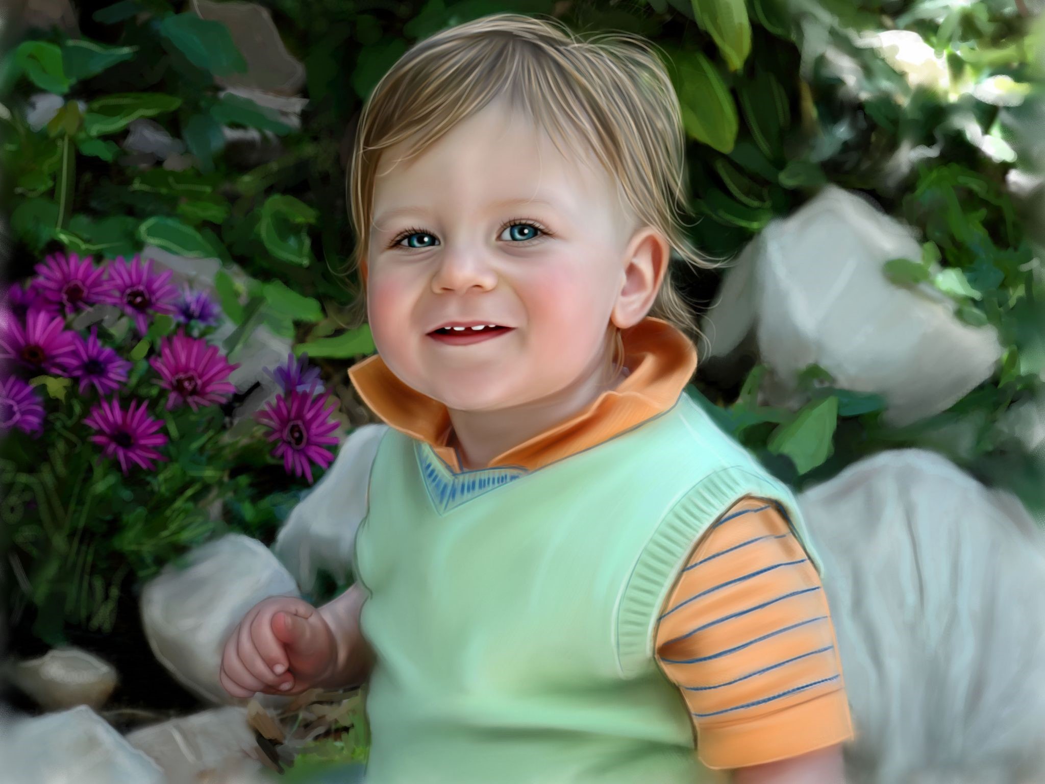 A baby girl smiling in a garden HD Wallpaper