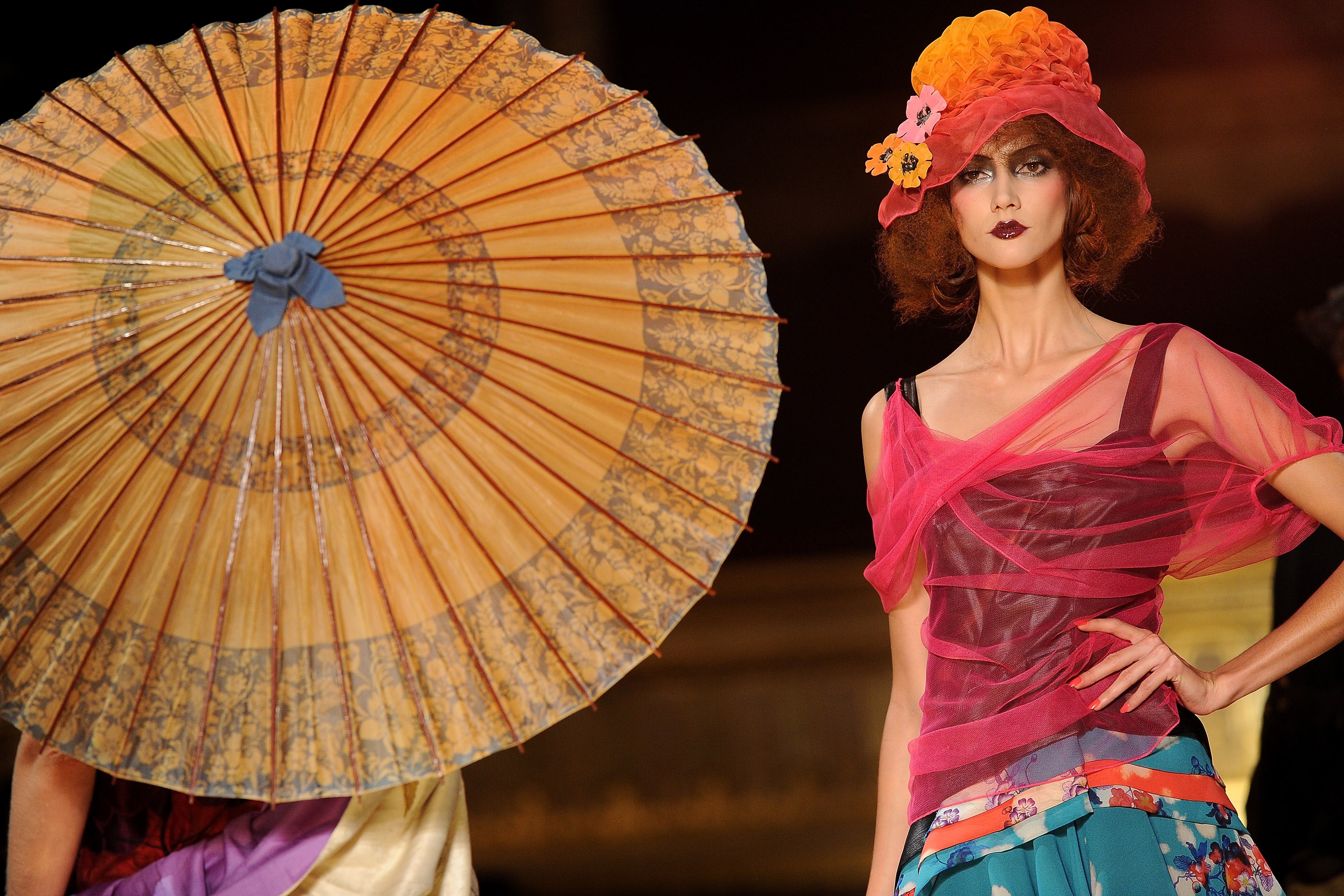 Model wearing a hat and dress with an umbrella HD Wallpaper