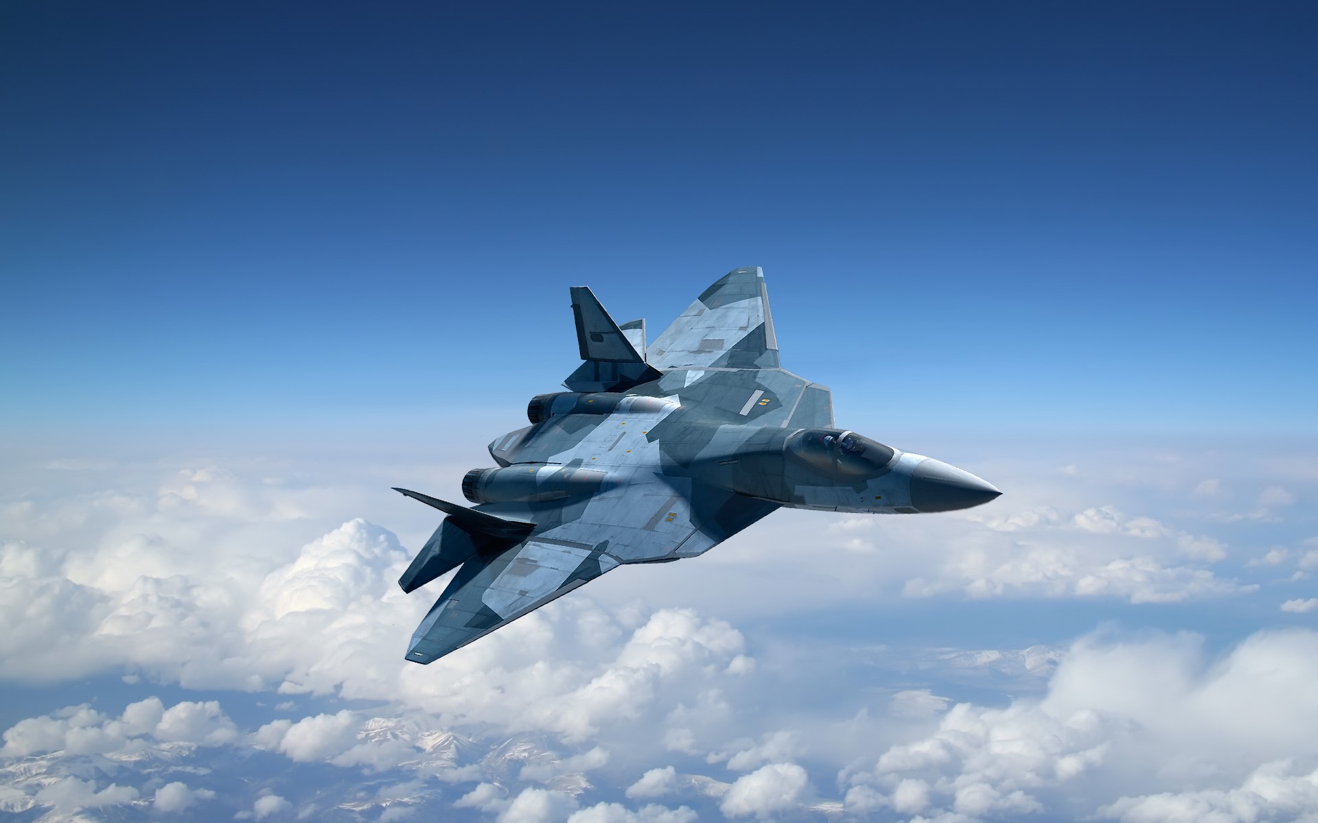 Sukhoi Su-57 fighter jet flying above clouds HD Wallpaper
