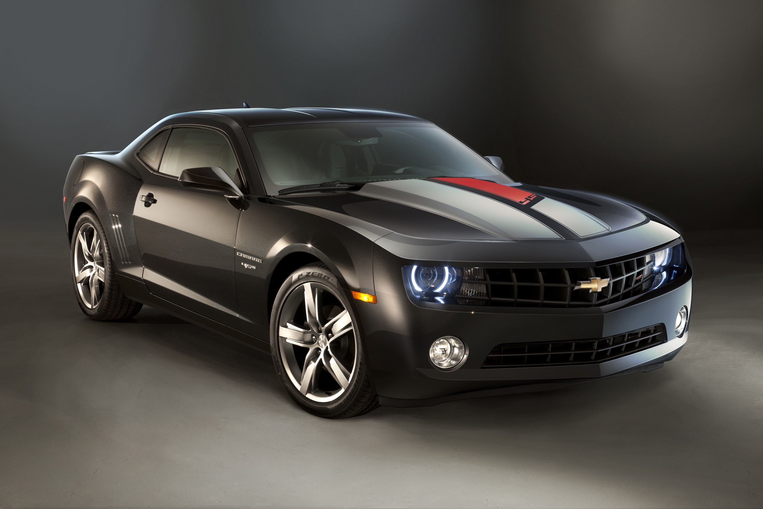 Black Chevrolet Camaro with racing stripes HD Wallpaper
