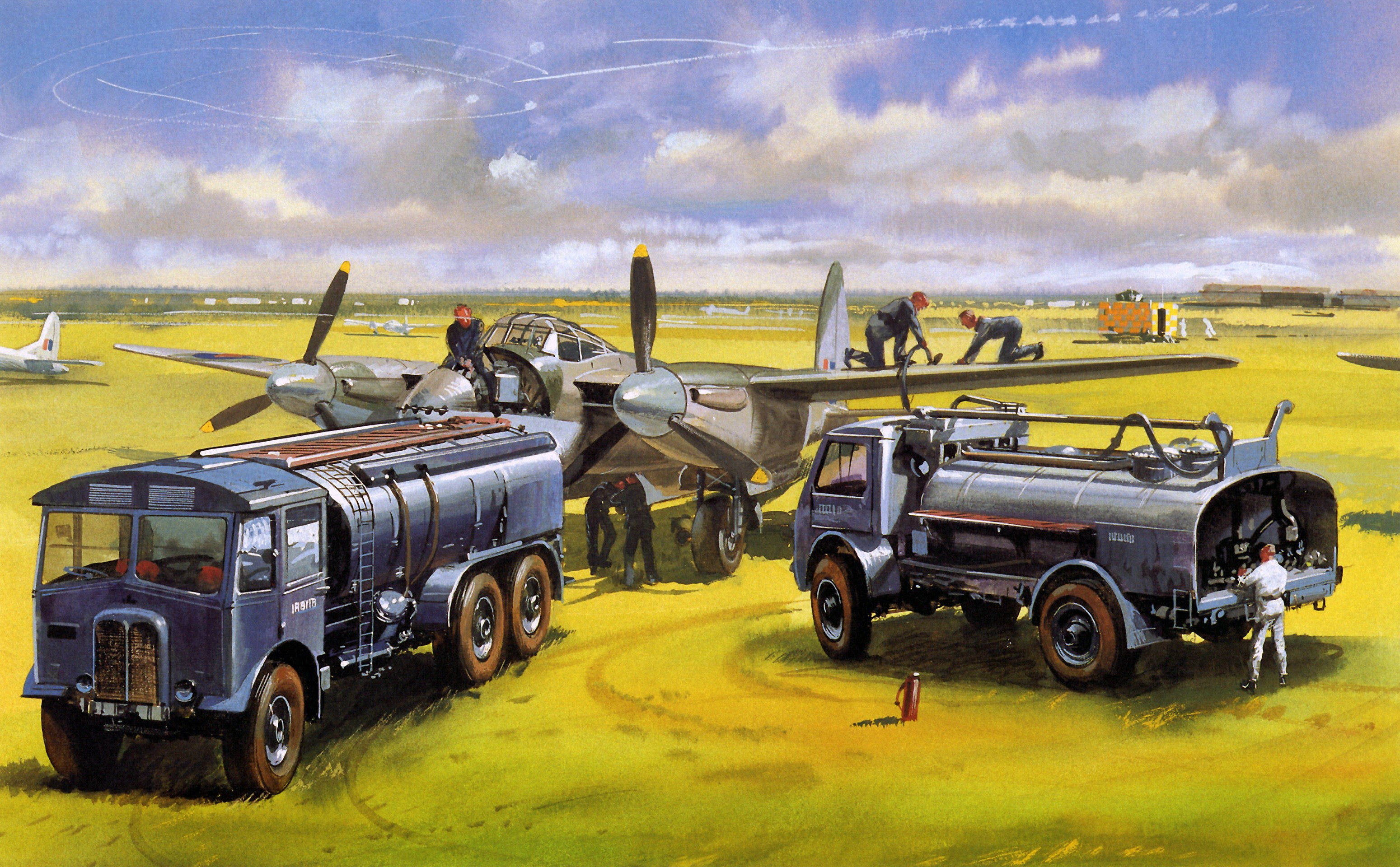 Airplane refueling on airfield with trucks and crew HD Wallpaper