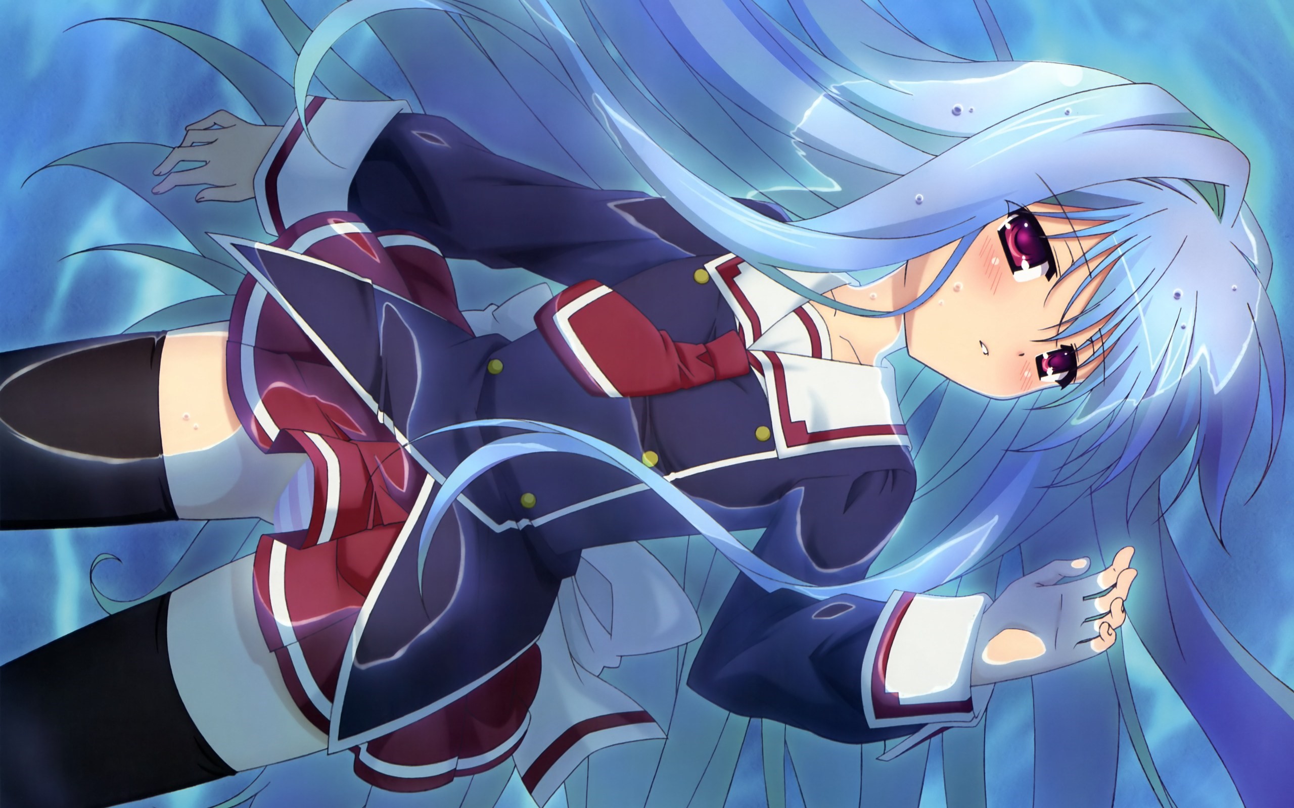 Girl with blue hair in a school uniform underwater HD Wallpaper