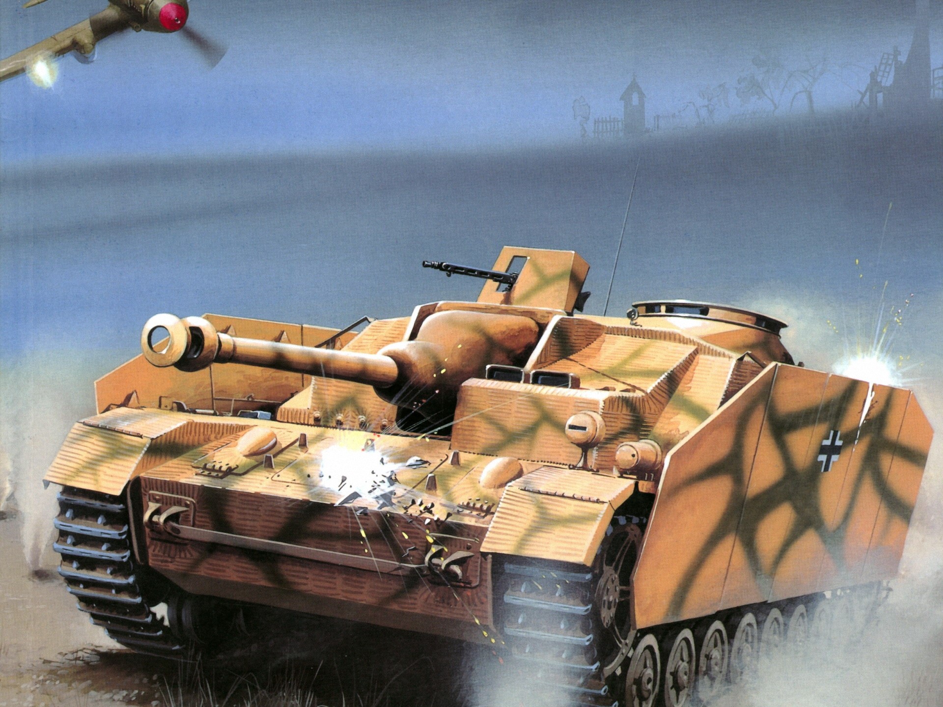 German tank and airplane in battle HD Wallpaper