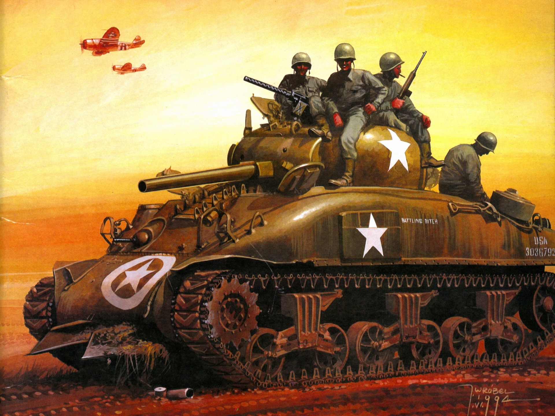 American Sherman tank with soldiers and planes HD Wallpaper