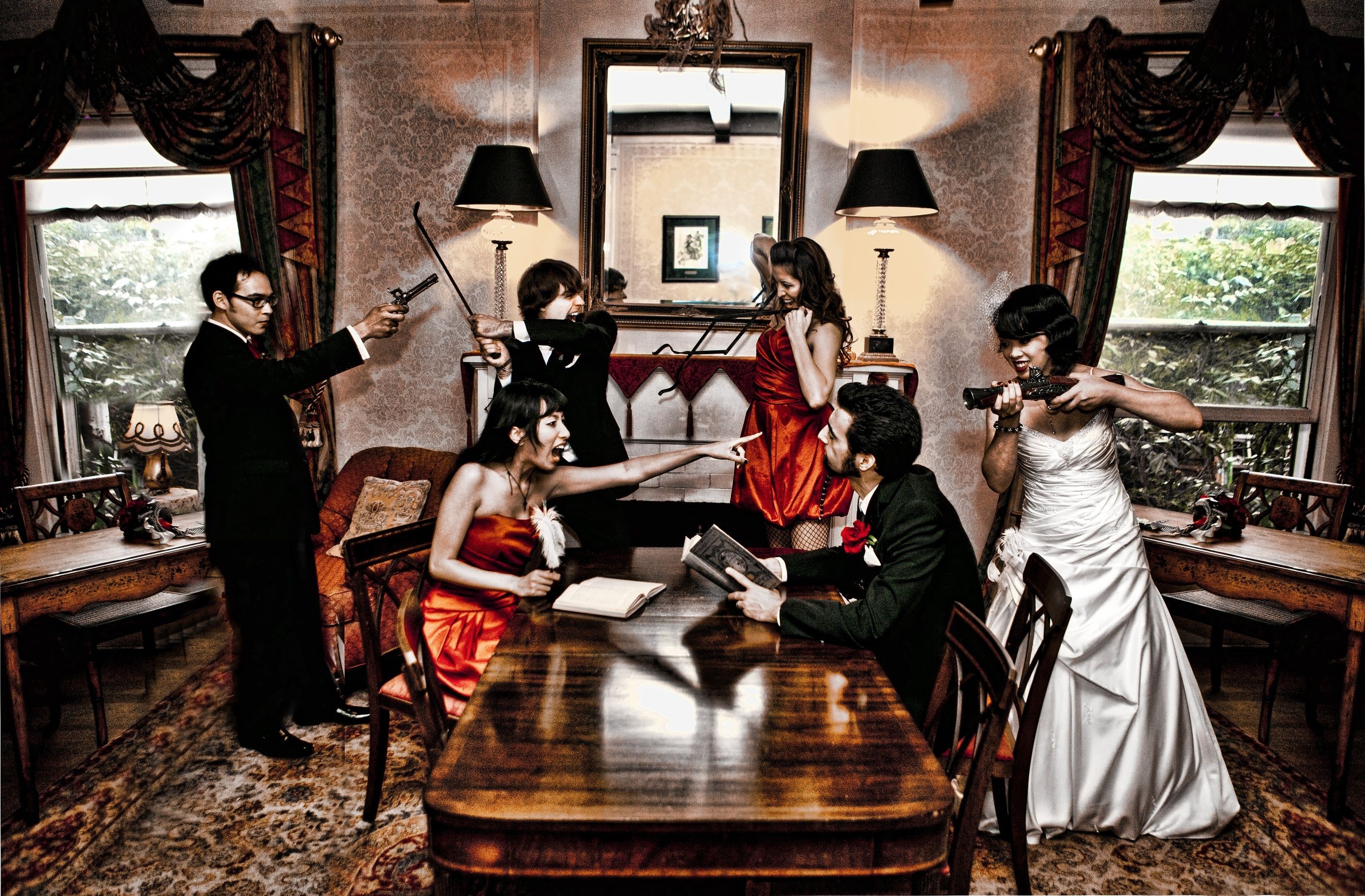 People in formal wear with guns in a room HD Wallpaper