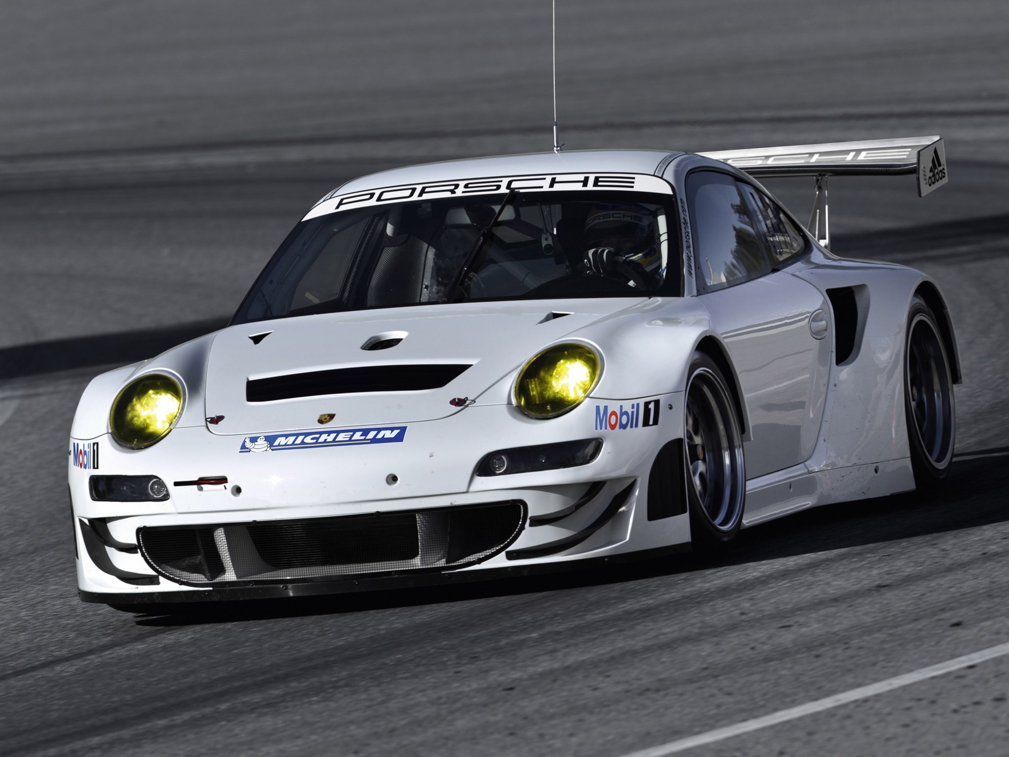 White Porsche 911 GT3 R race car on track HD Wallpaper