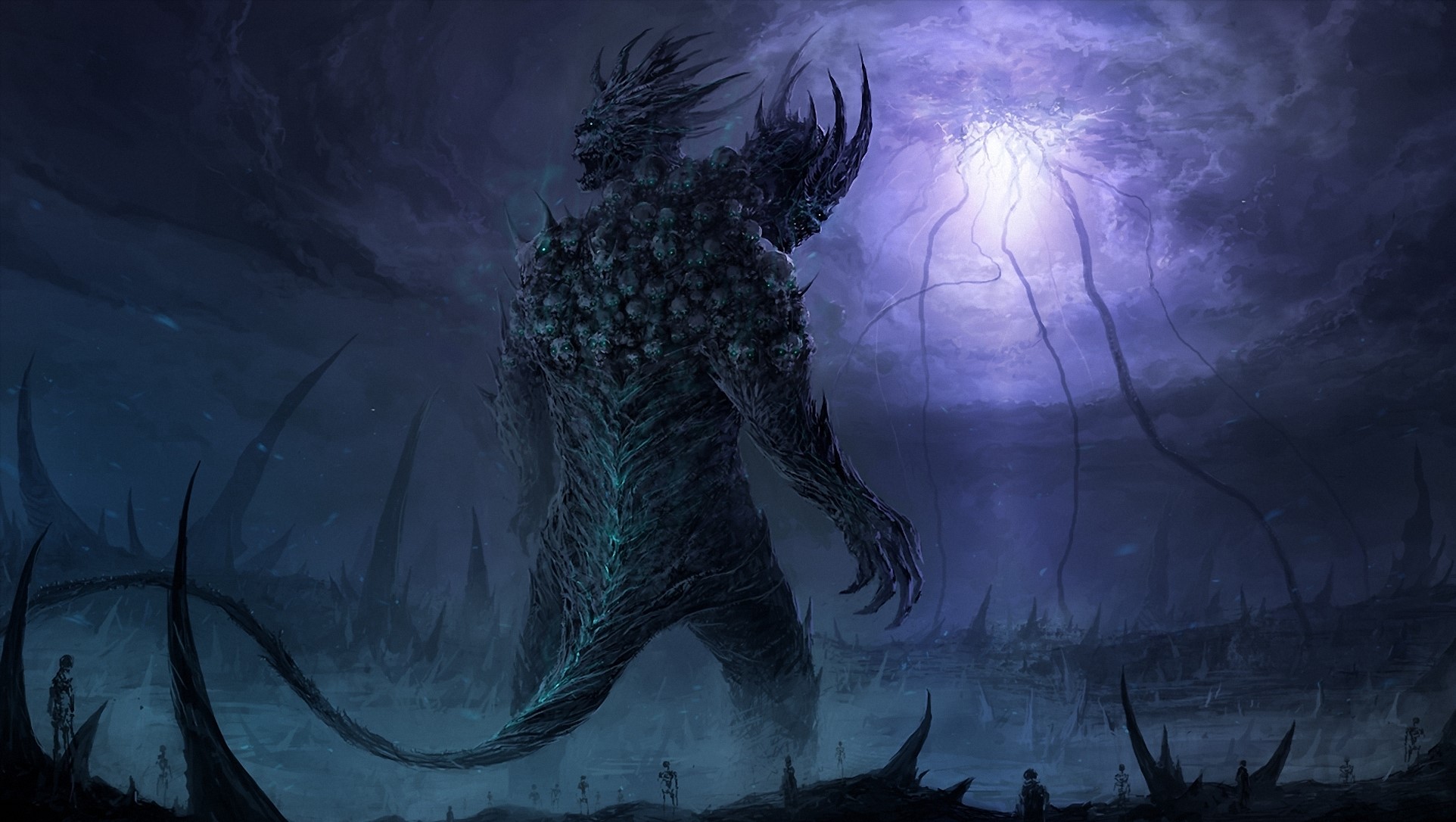 Giant two-headed monster in a dark, alien landscape HD Wallpaper