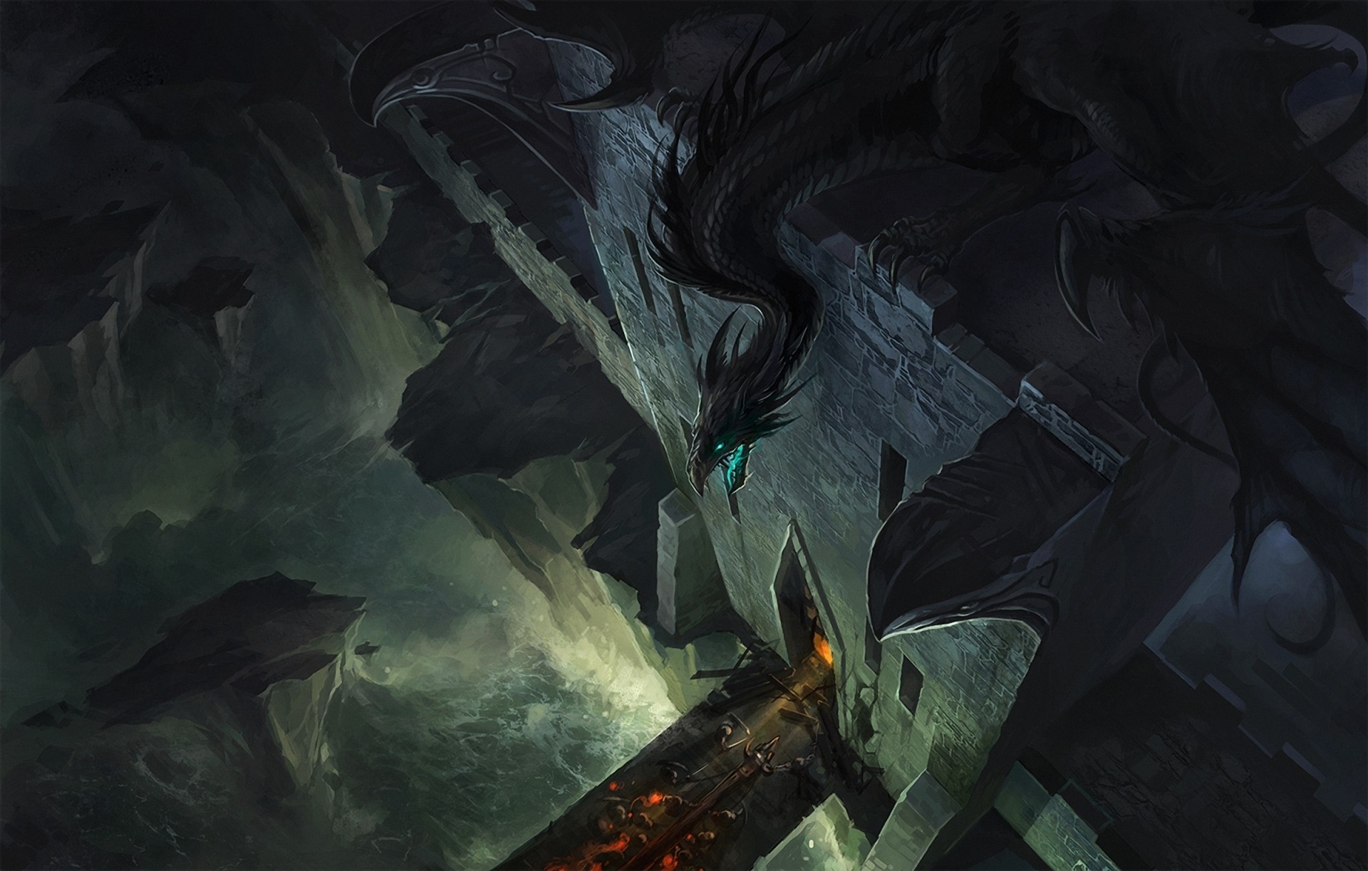 A black dragon perched on a stone structure HD Wallpaper