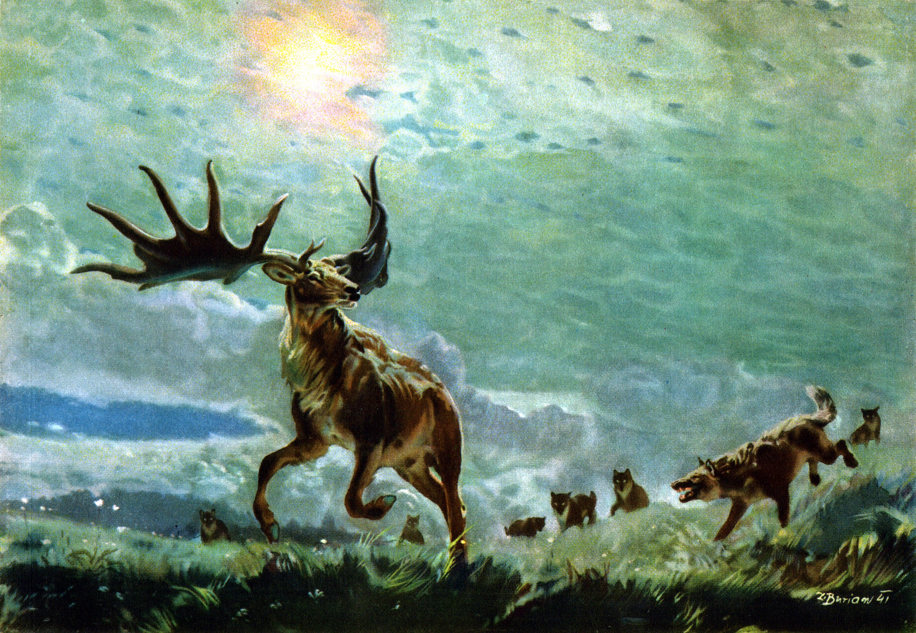 Giant elk pursued by wolves in a prehistoric landscape HD Wallpaper