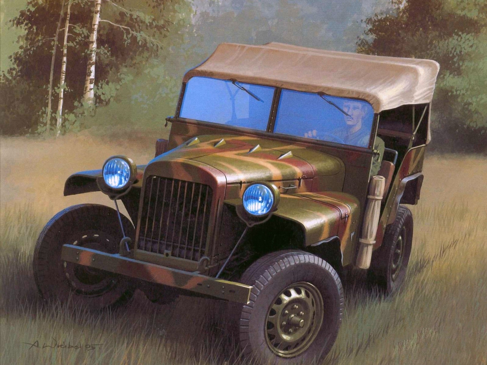 Camouflaged Military Jeep with Driver in Forest HD Wallpaper