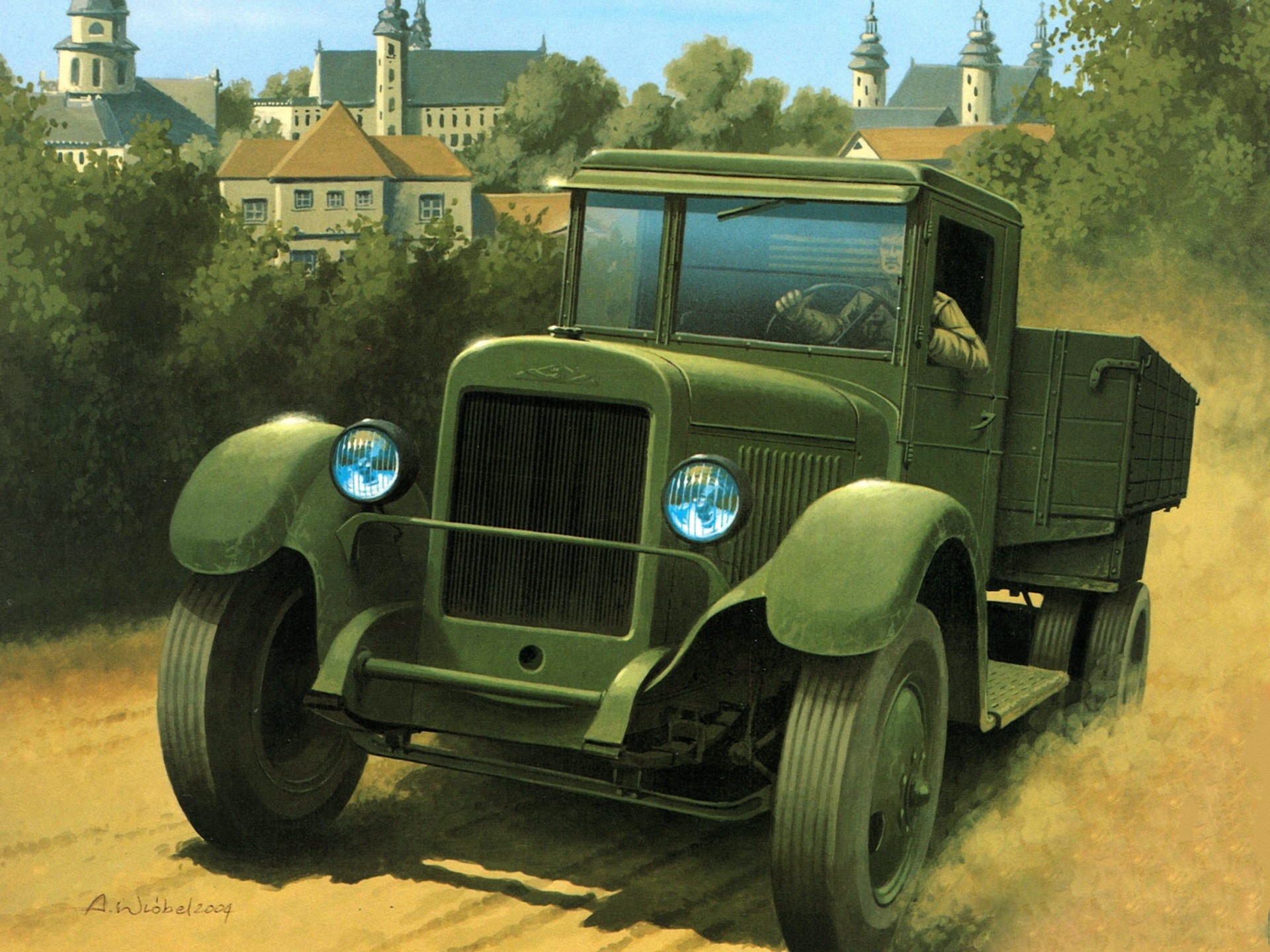 Green military truck driving on a dirt road HD Wallpaper