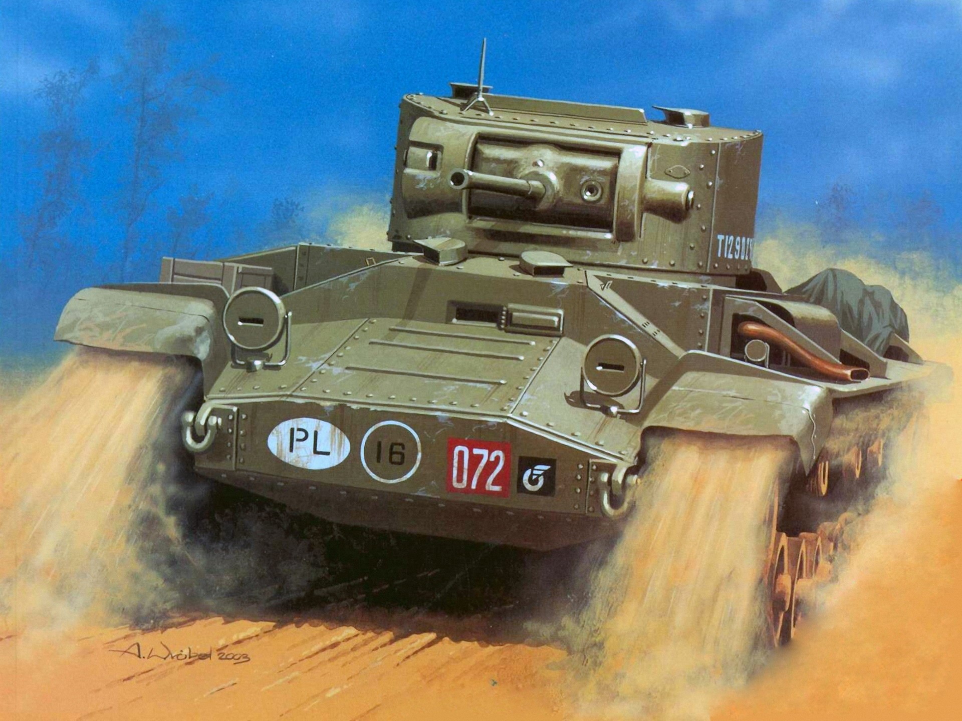 Painting of a military tank in motion HD Wallpaper