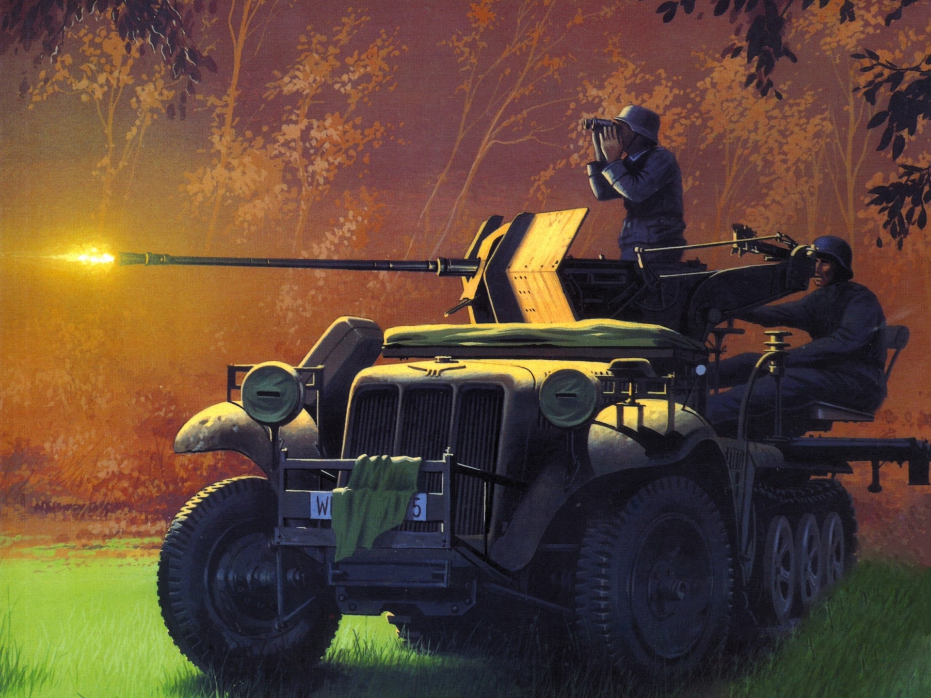 German half-track anti-aircraft vehicle firing HD Wallpaper