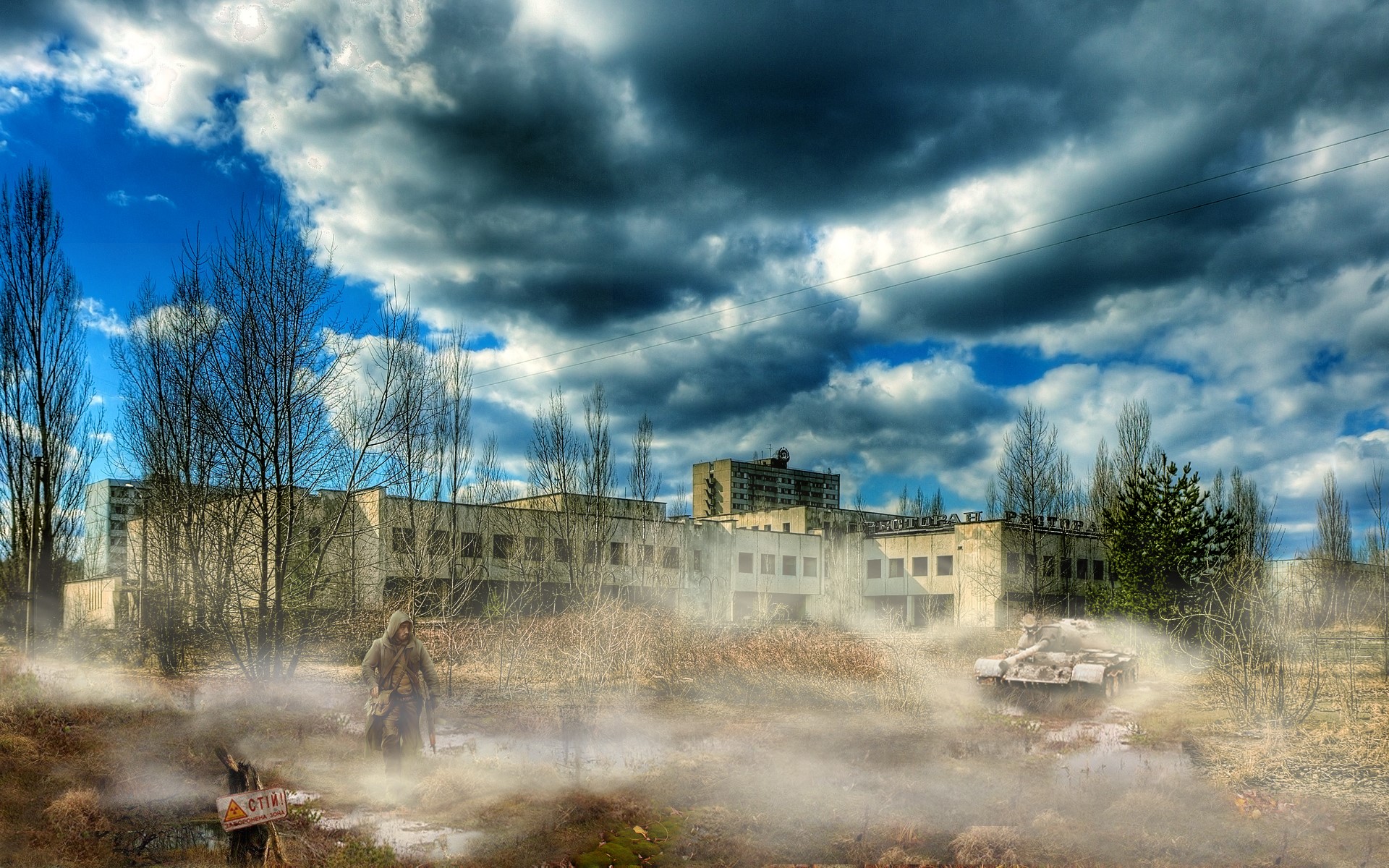 STALKER character with tank in abandoned city HD Wallpaper