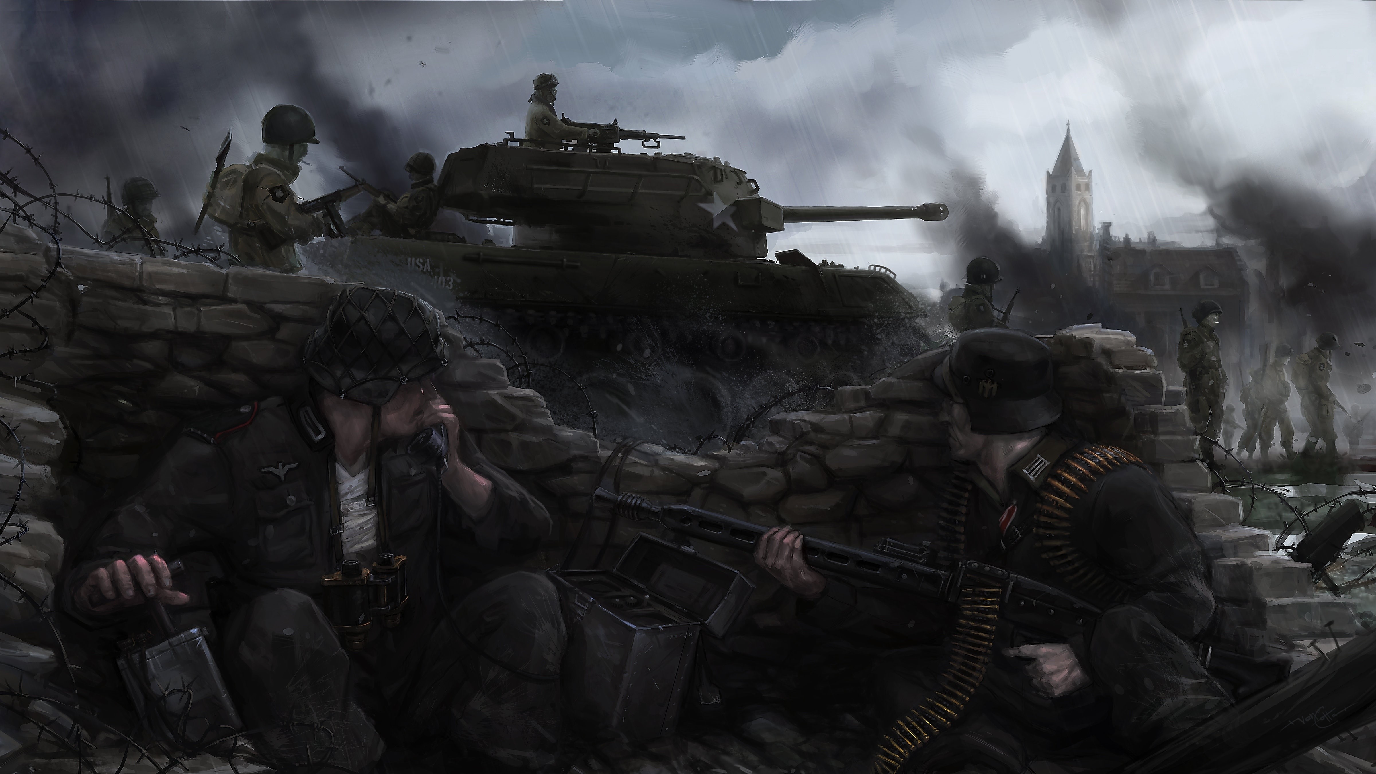Soldiers and Tank in Battle HD Wallpaper