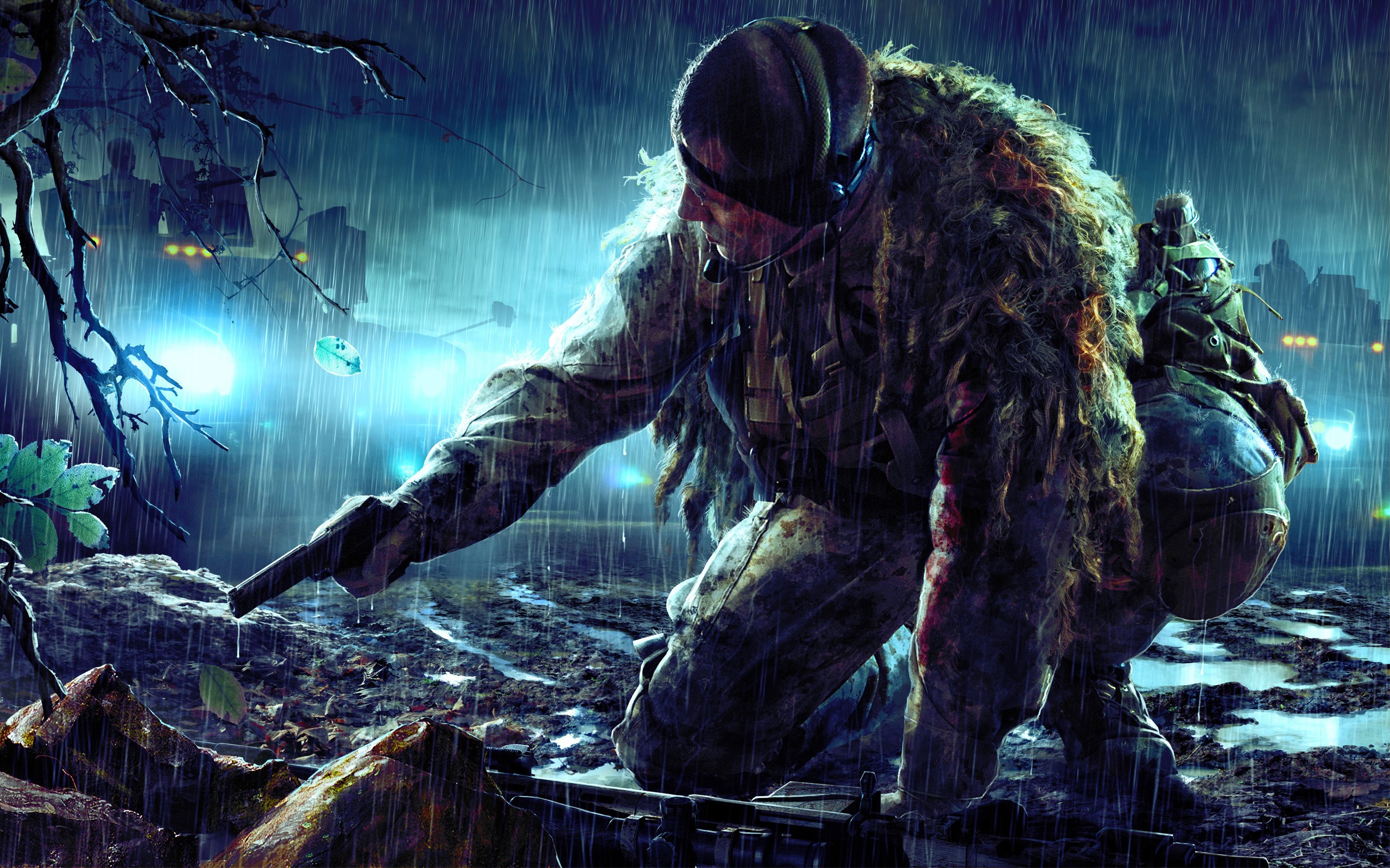 Sniper in the rain at night HD Wallpaper