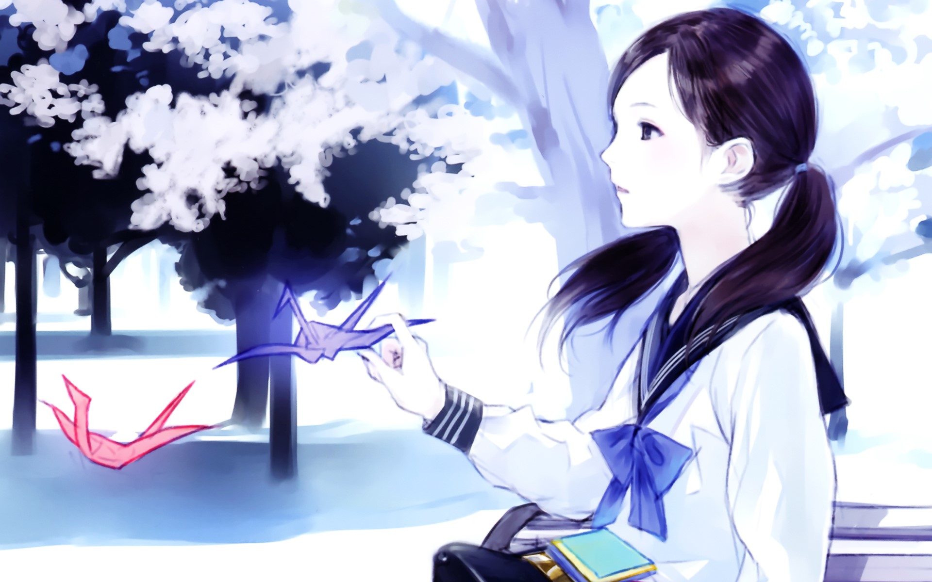 Girl in school uniform with origami cranes HD Wallpaper