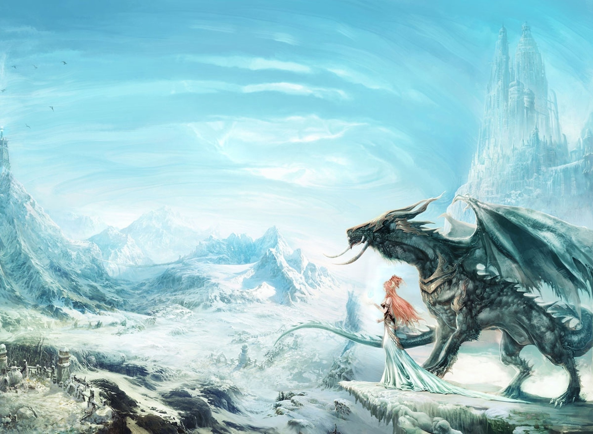 Girl and Dragon in a Snowy Mountain Landscape HD Wallpaper