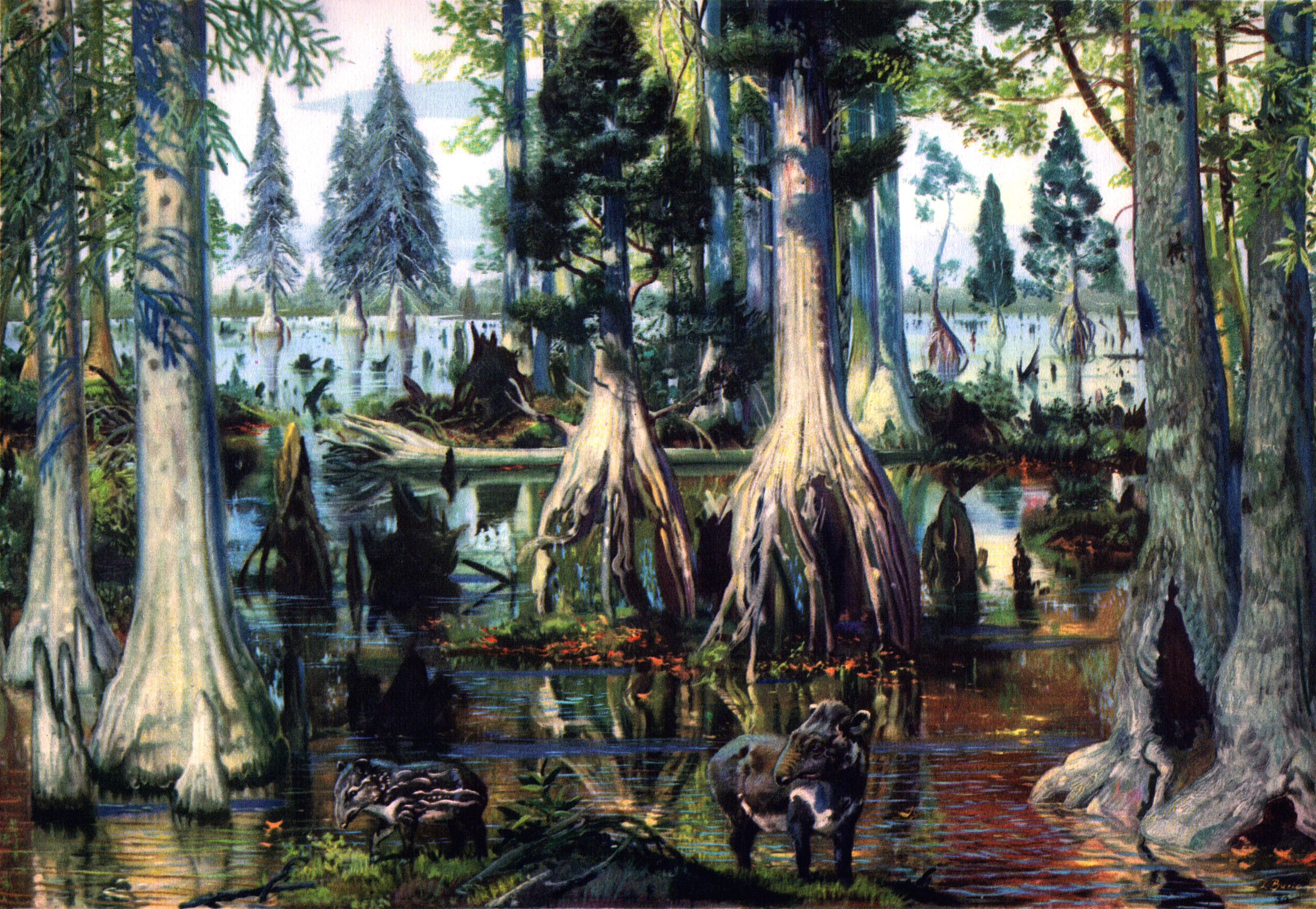 Ancient animals in a prehistoric swamp forest HD Wallpaper