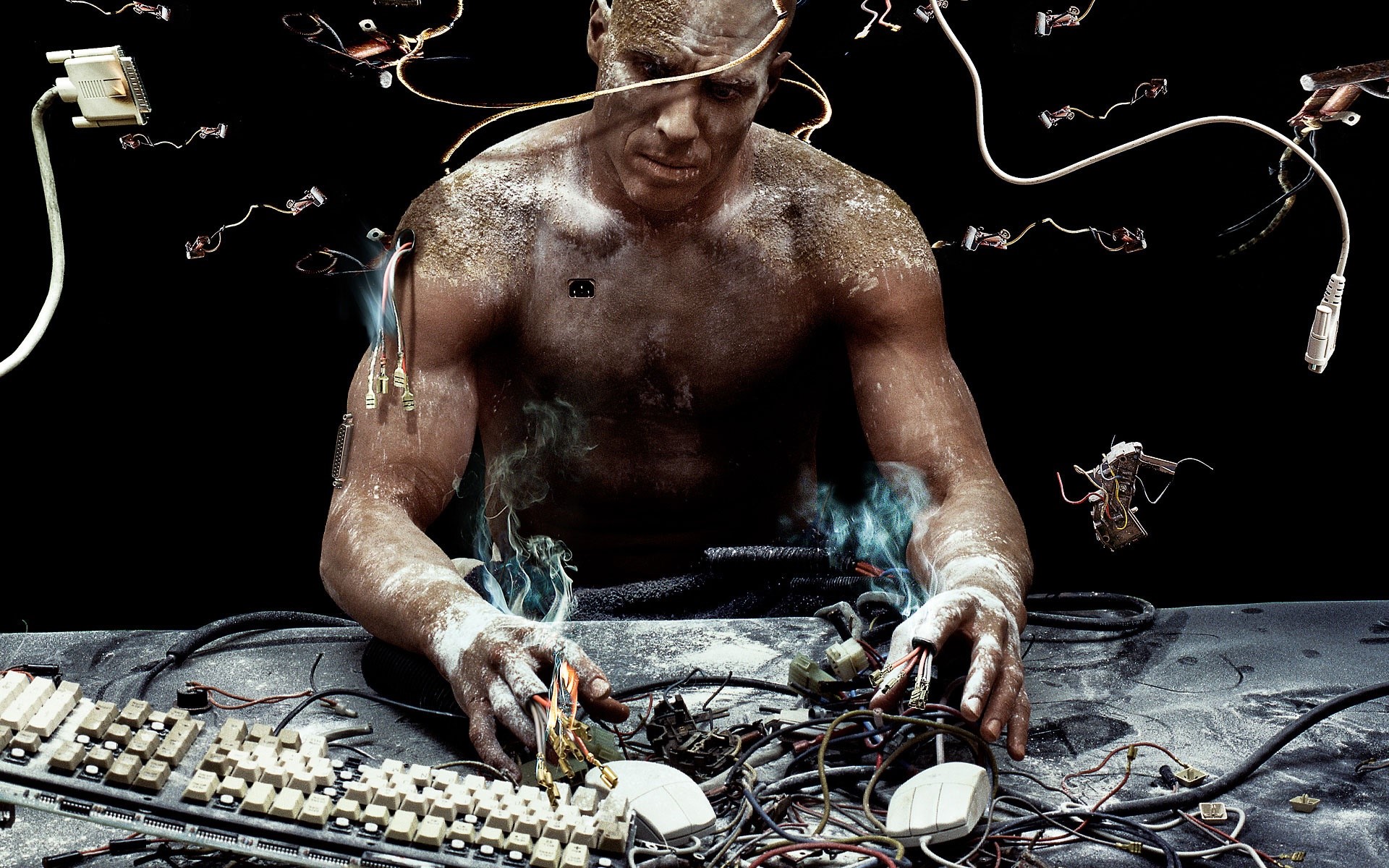 Cyborg man connected to computer wires and keyboard HD Wallpaper