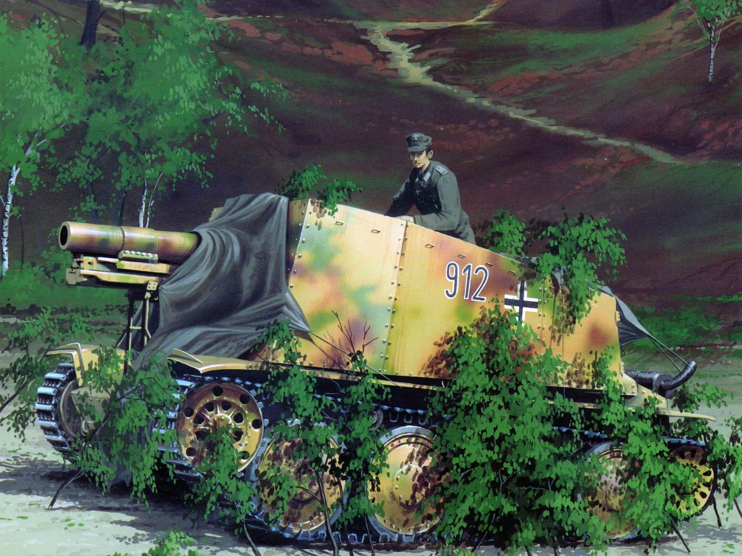 German SPG with camouflage in forest setting HD Wallpaper