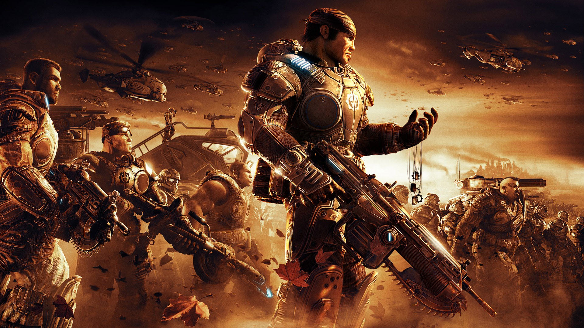 Gears of War soldiers in a battle scene HD Wallpaper