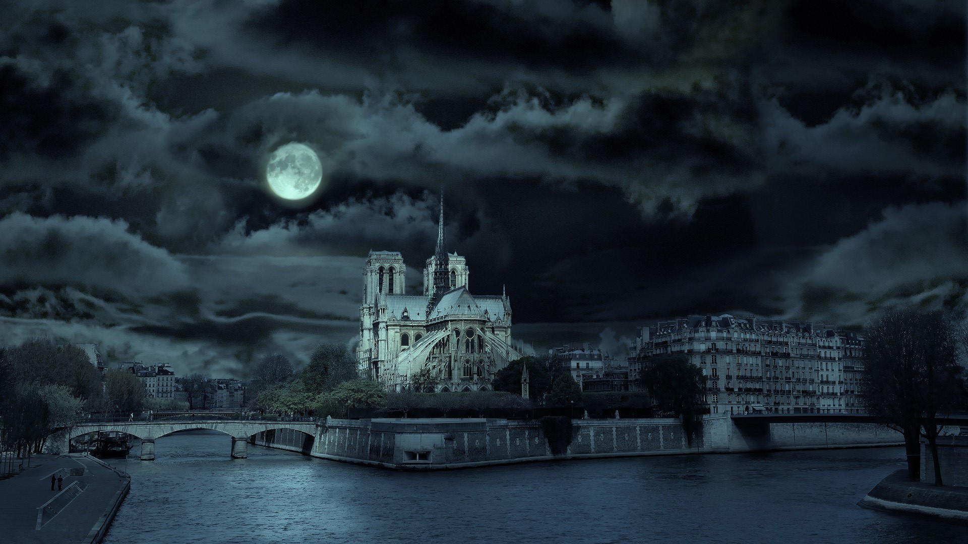 Notre Dame Cathedral in Paris at night under the moon HD Wallpaper