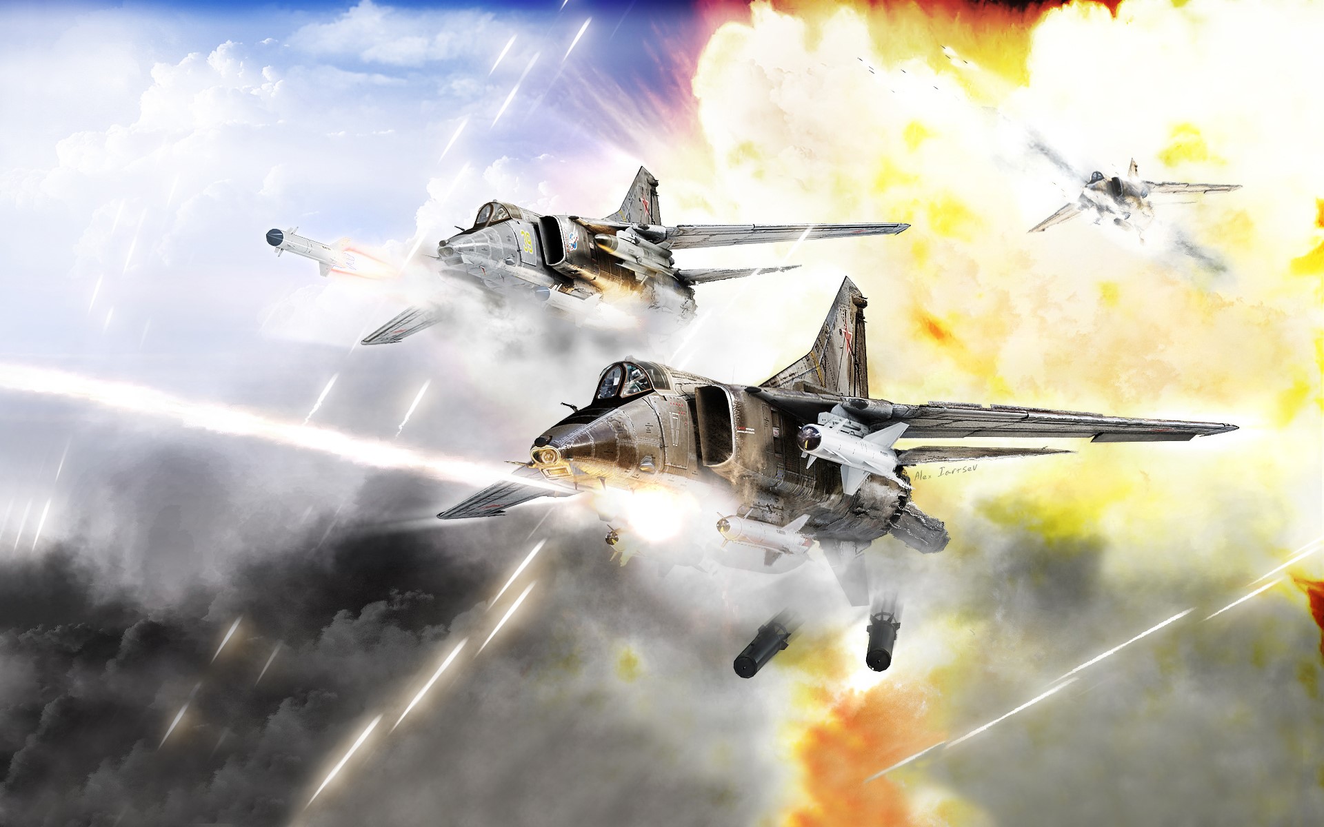 MIG-27 fighter jets in aerial combat with explosions HD Wallpaper