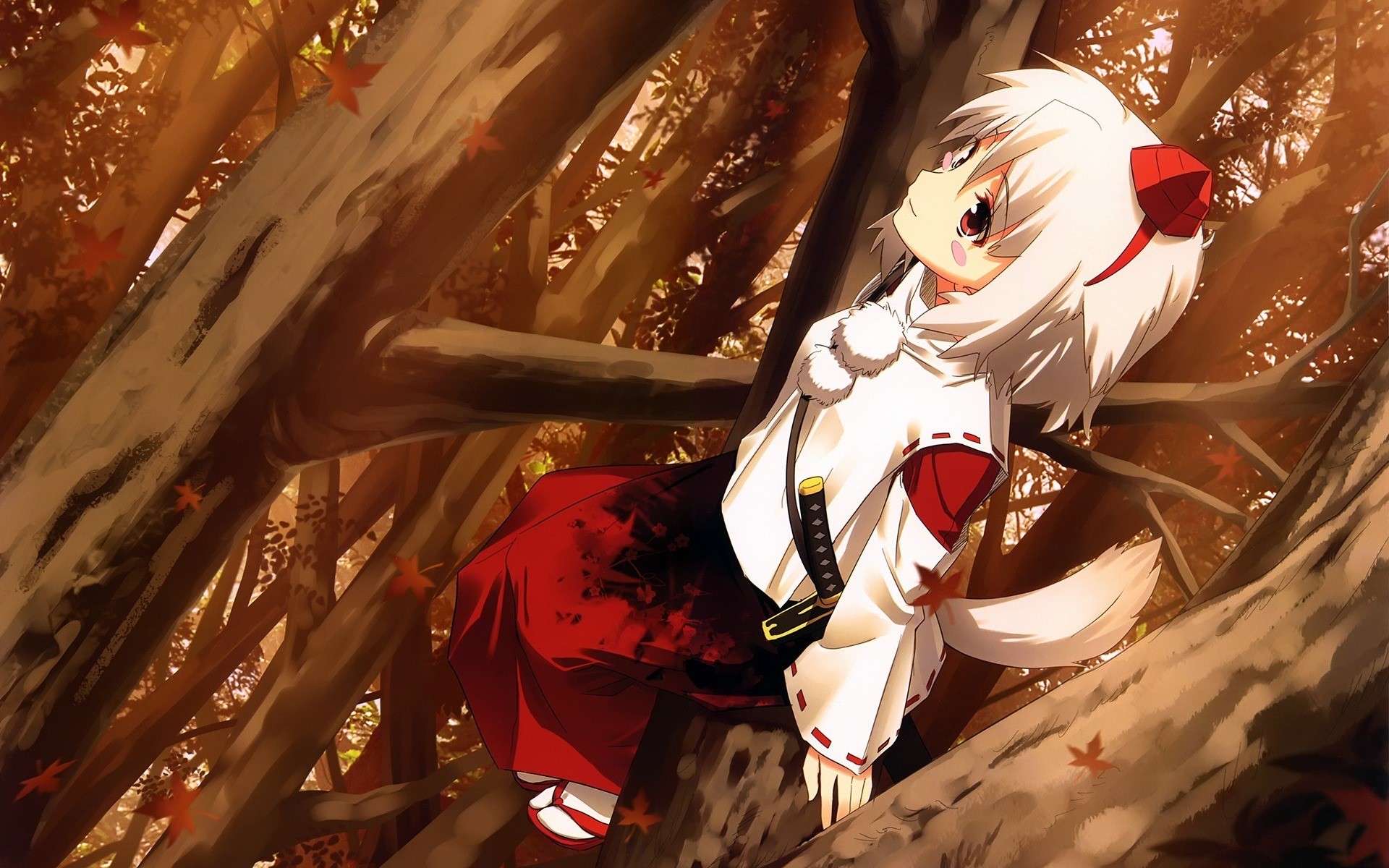 Momiji Inubashiri from Touhou Project sitting on a tree HD Wallpaper