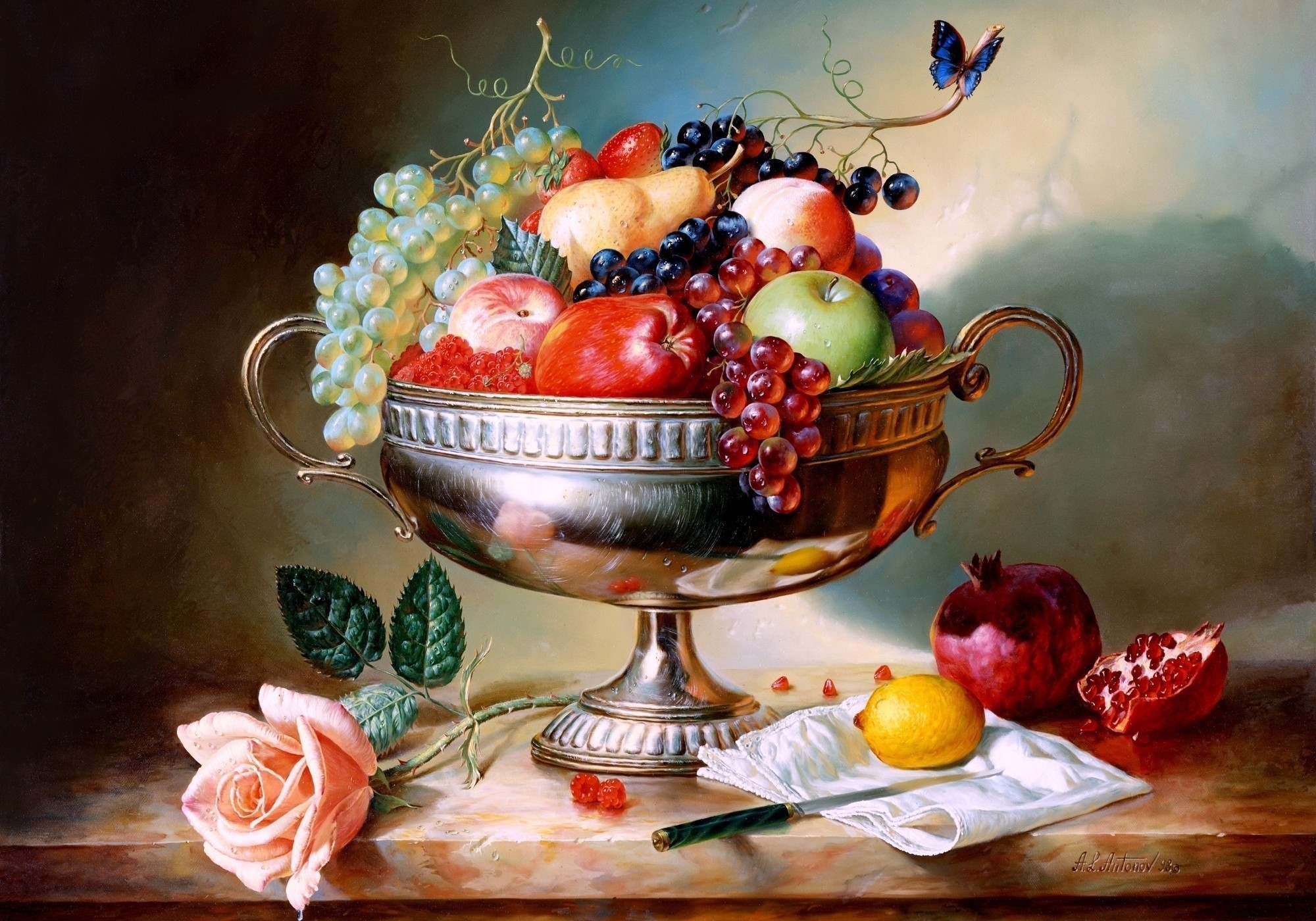 Still life painting of fruits in a bowl with a rose and butterfly HD Wallpaper