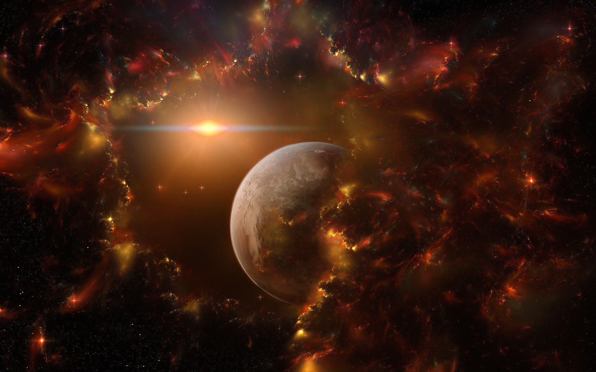 Planet in a nebula with a bright star HD Wallpaper
