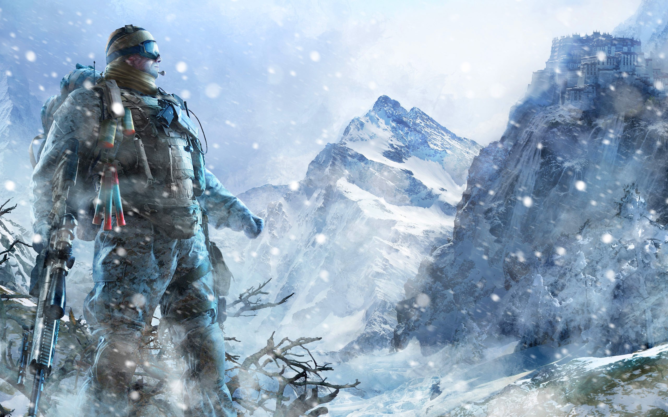 Soldier with sniper rifle in snowy mountains HD Wallpaper
