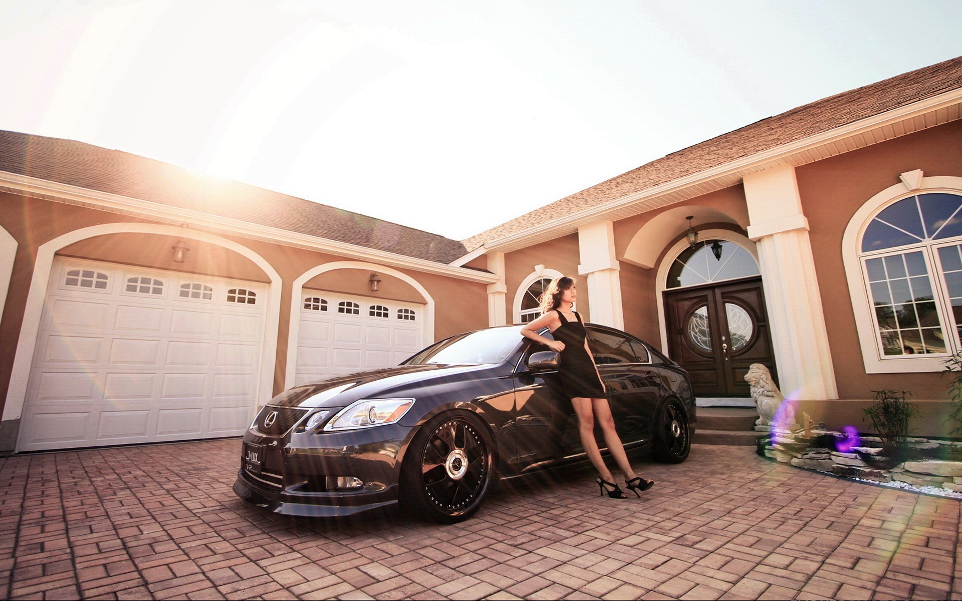 Woman in black dress with Lexus in front of house HD Wallpaper