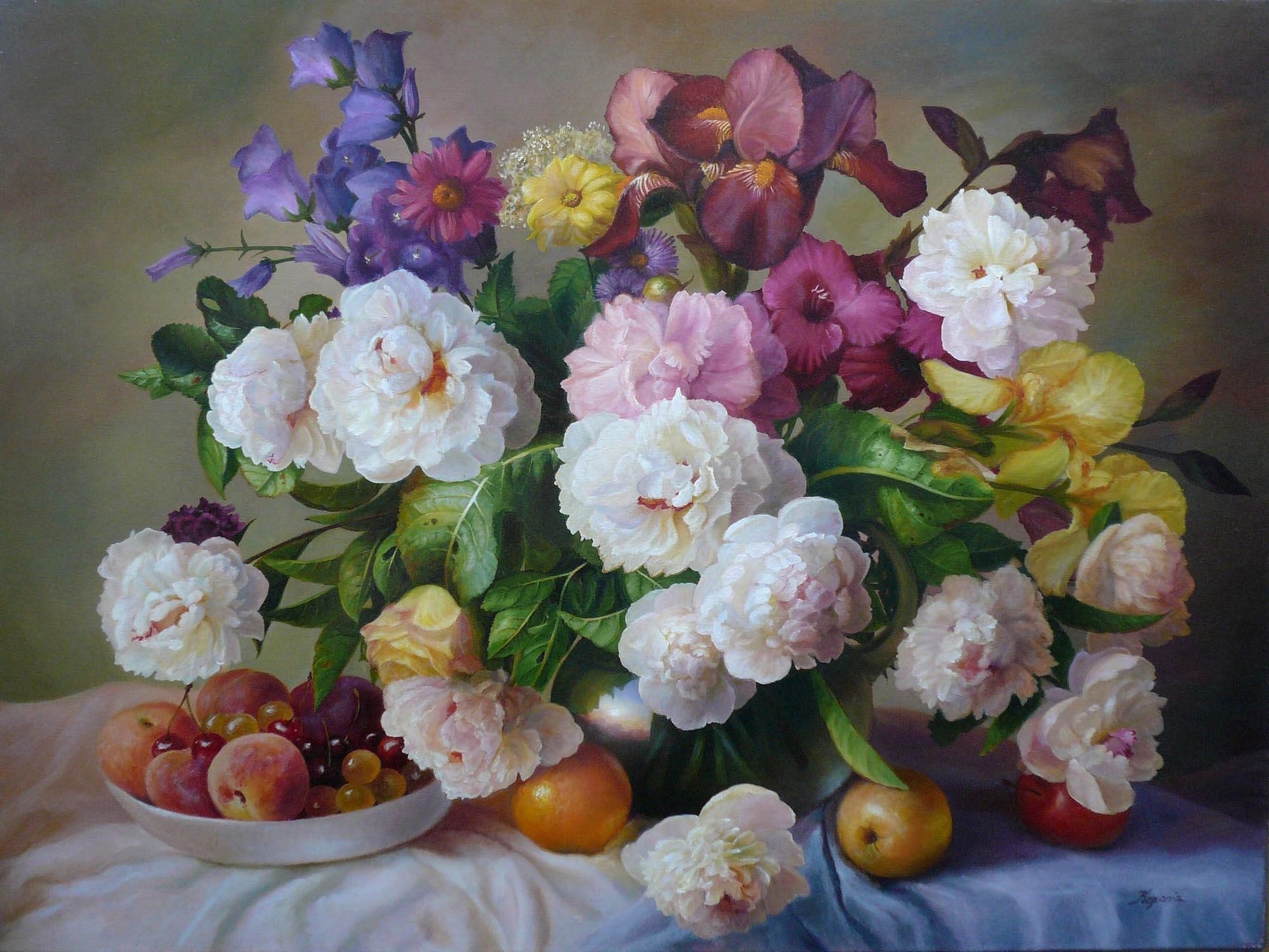 Still life painting of flowers and fruit by Zbigniew Kopania HD Wallpaper