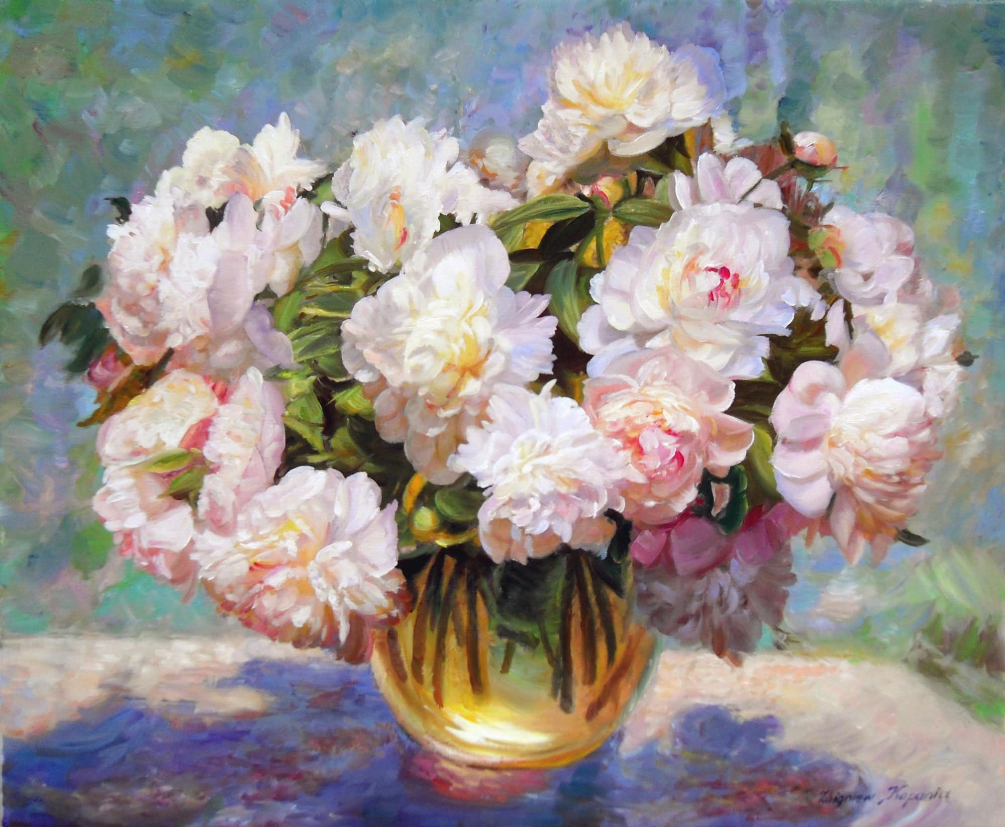 Bouquet of Peonies in a Golden Vase by Zbigniew Kopania HD Wallpaper