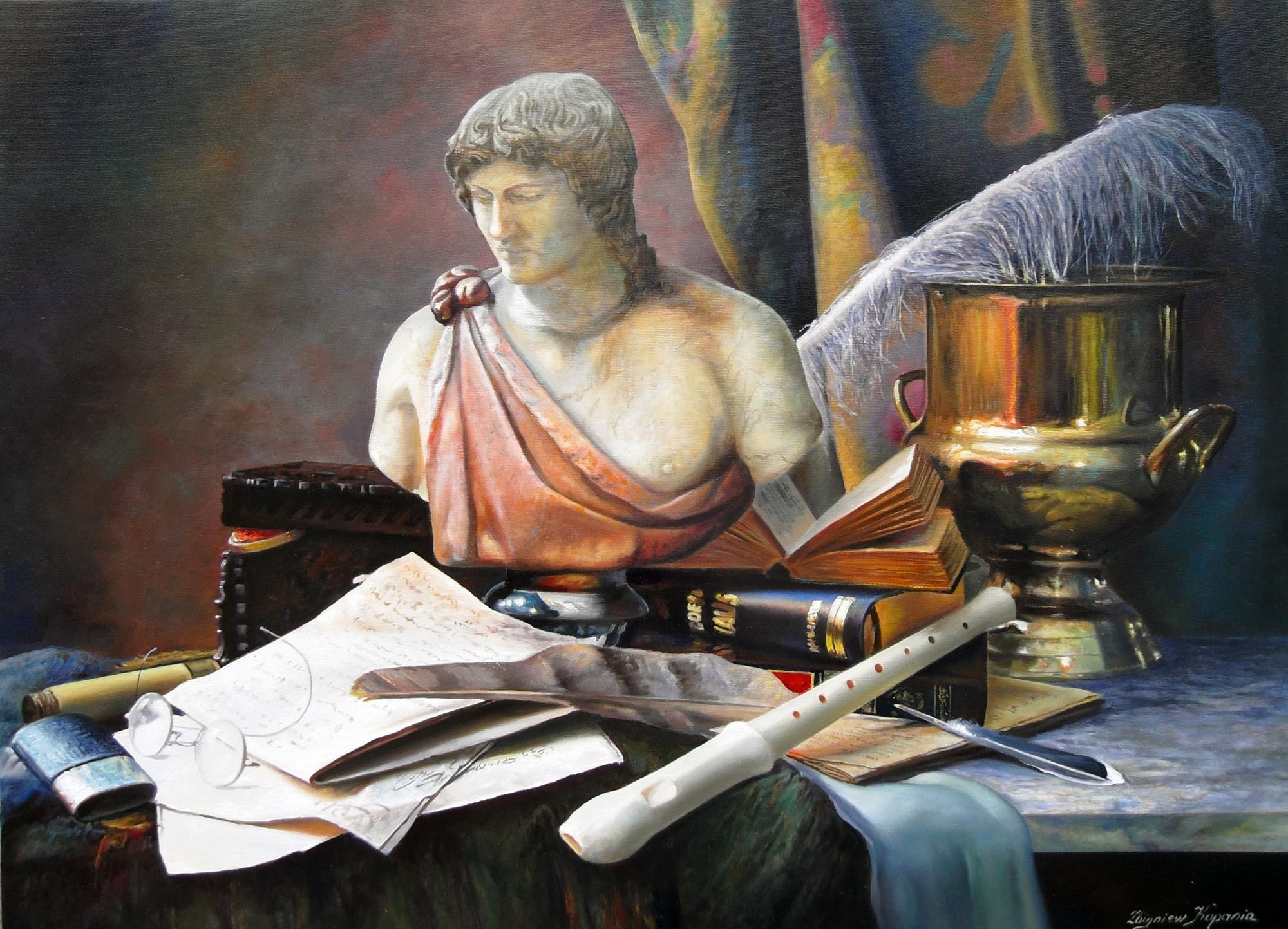 Still life with bust, musical instrument, and books by Zbigniew Kopania HD Wallpaper