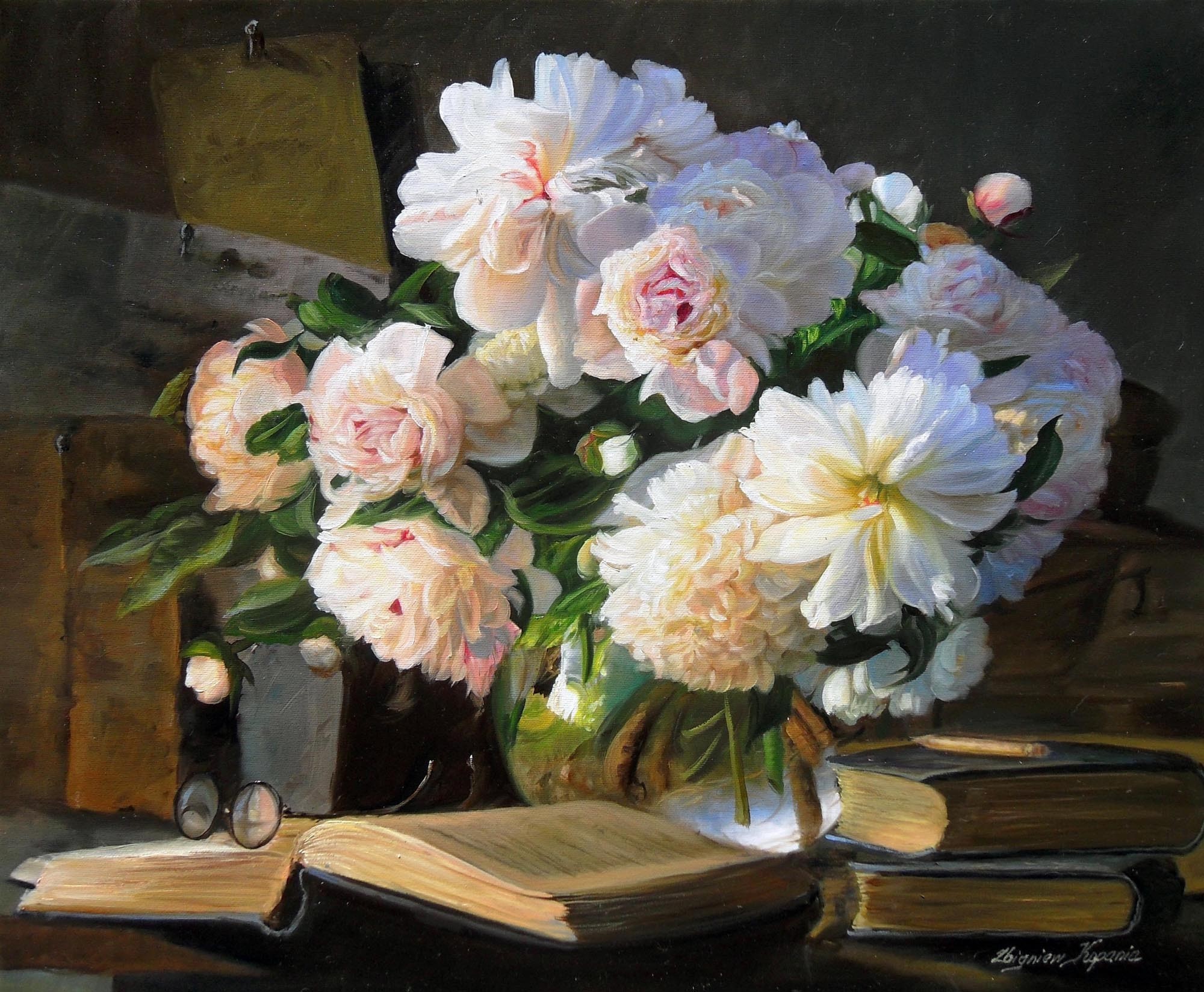 Still life with peonies and books by Zbigniew Kopania HD Wallpaper