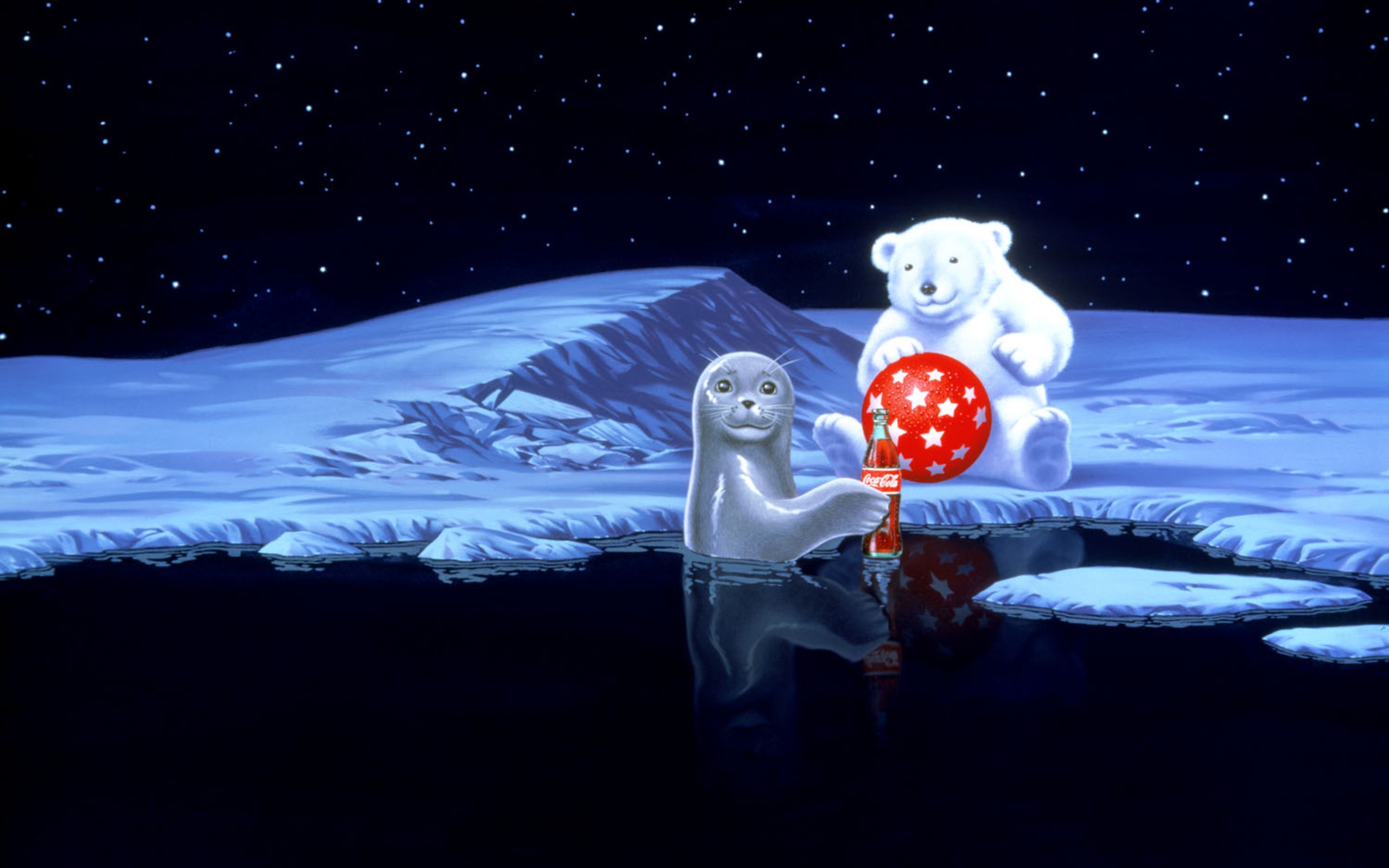 Coca-Cola Polar Bears and Seal in Arctic Night HD Wallpaper